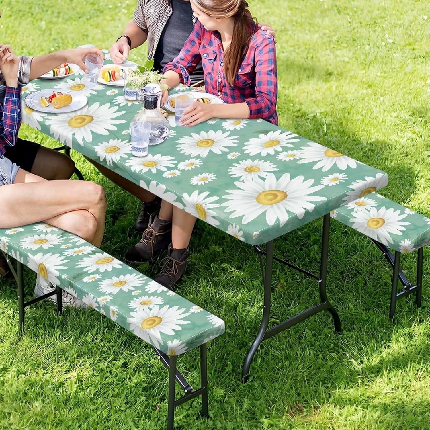 Picnic Table Cover with Bench Covers Teal Daisy Fitted Rectangle Tables Patio Tablecloth Camping Gear and Essentials Rv Accessories Road Trip Supplies Car Travel Must Haves 3pcs-94" x 30"