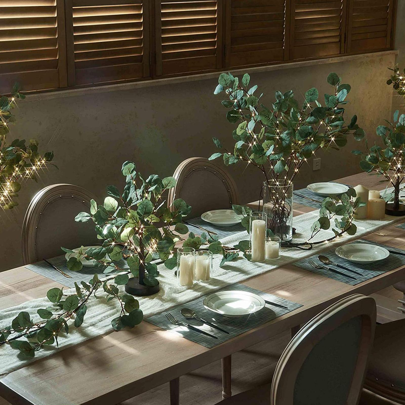 Generisch Biegbare, realistische Eukalyptusblätter, LED Girlanden für Kaminsimse, Treppenaufsätze, Hochzeiten, Weihnachtsdekorationen, warmweiße Girlanden mit Feenlichtern