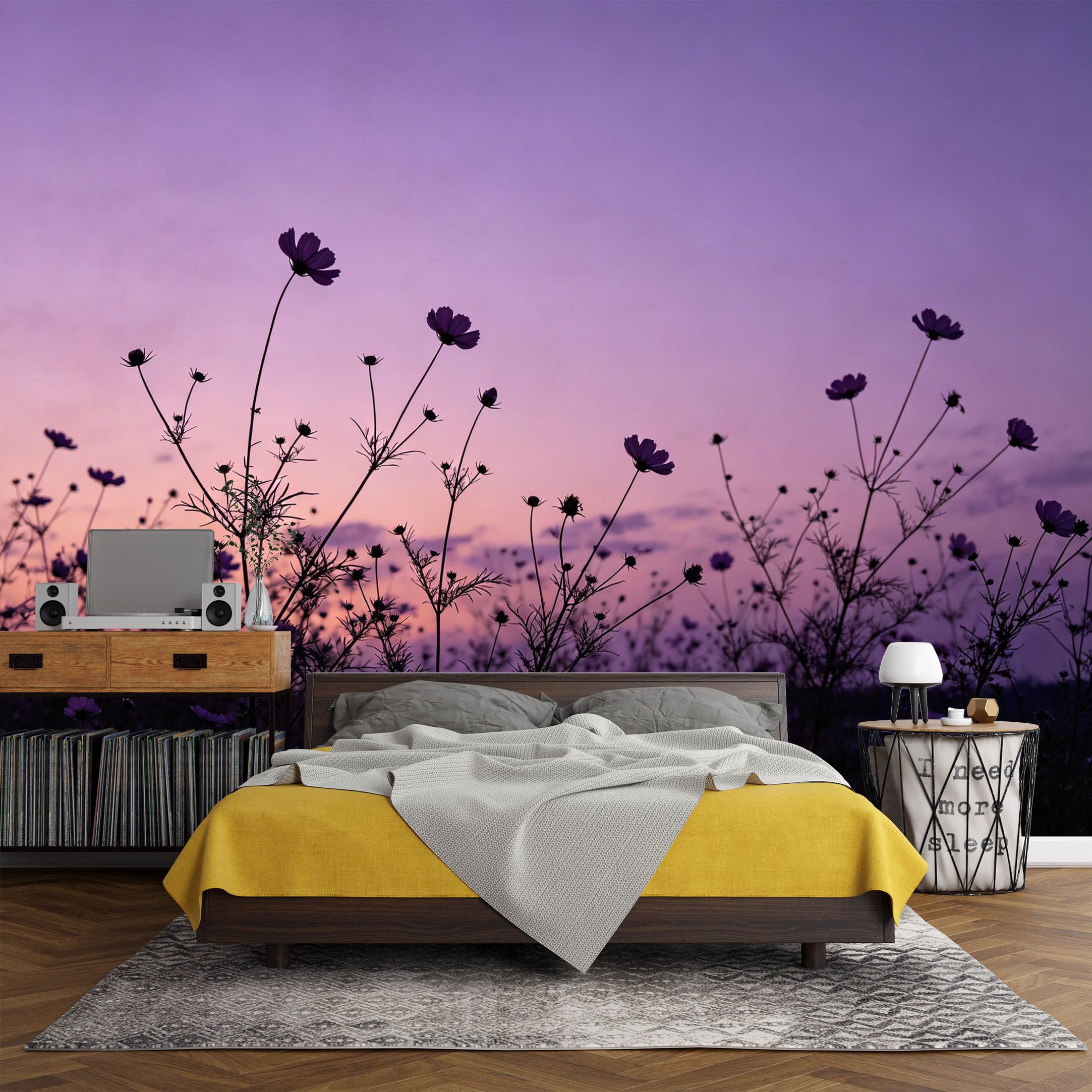 Custom Size Wall Mural， Botanical Purple Wildflower Sunset Meadow Landscape，SelfAdhesive Art Prints wall Fabric (No PVC) Removable Wallpaper Living Room Decor