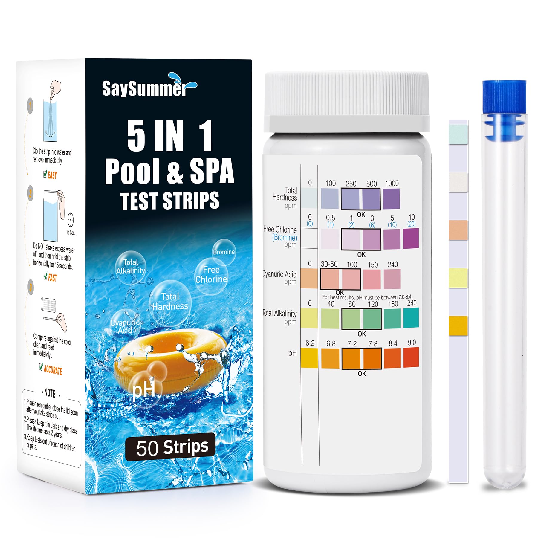 Spa Test Strips for Hot Tub: 50 Counts Pool Test Strips for Inground and Above-Ground Pool - Testing Chemicals Including pH, Hardness, Bromine, Free Chlorine, Total Alkanity - 5 in 1