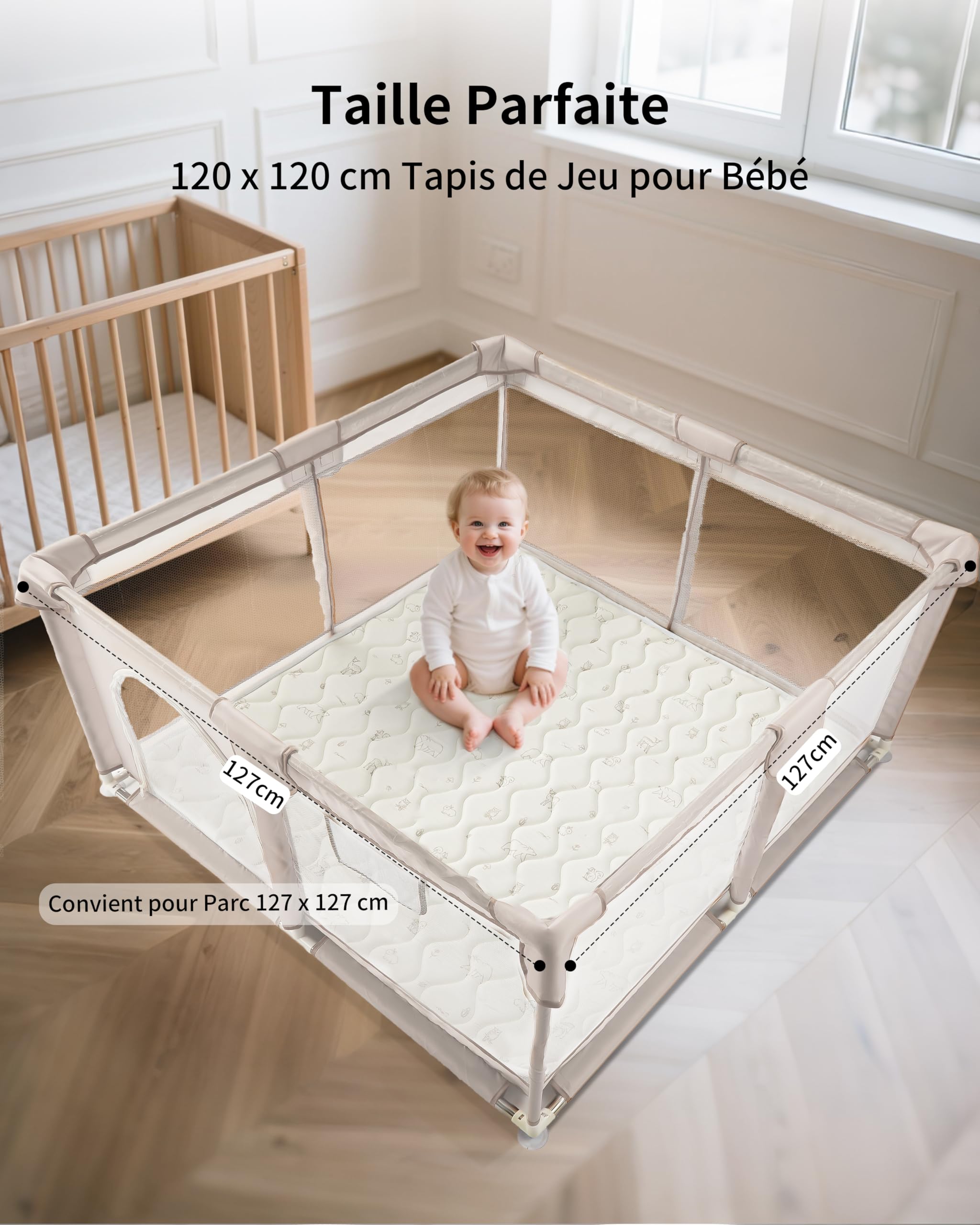 Tapis Bébé Pliable 120x120cm Antidérapant Matelas Mousse Lavable Motricité Sol Parc 0-24 Mois Forêt Beige