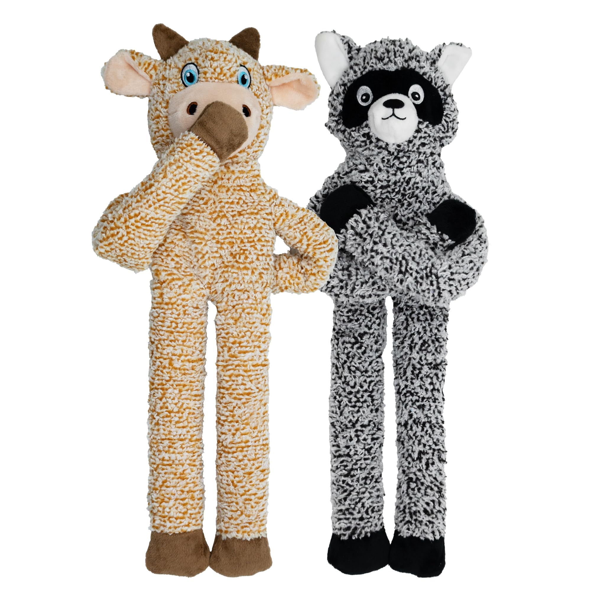 2 Pack Dog Toys with Squeakers, Plush Teething Toys to Keep Them Busy, No Stuffing Crinkle Interactive Dog Animals, Cute Funny Dogs Gifts for Small Medium Large Breed (Raccoon Cattle)