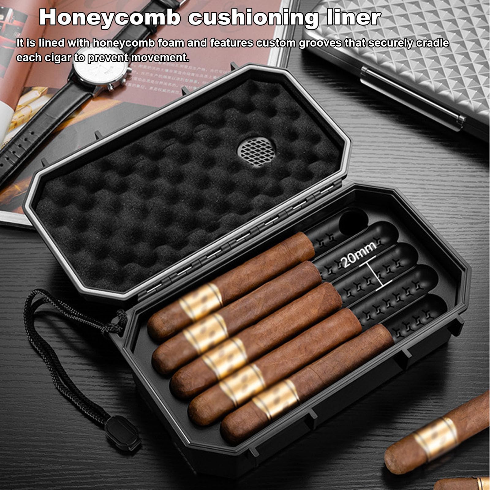 Humidor Portatile per Sigari, Custodia da Viaggio a Doppio Strato Grande capacità con Vassoio Integrato e Umidificatore (Contiene 10+ Sigari) – Kit da Viaggio Premium per Sigari(Color:B)
