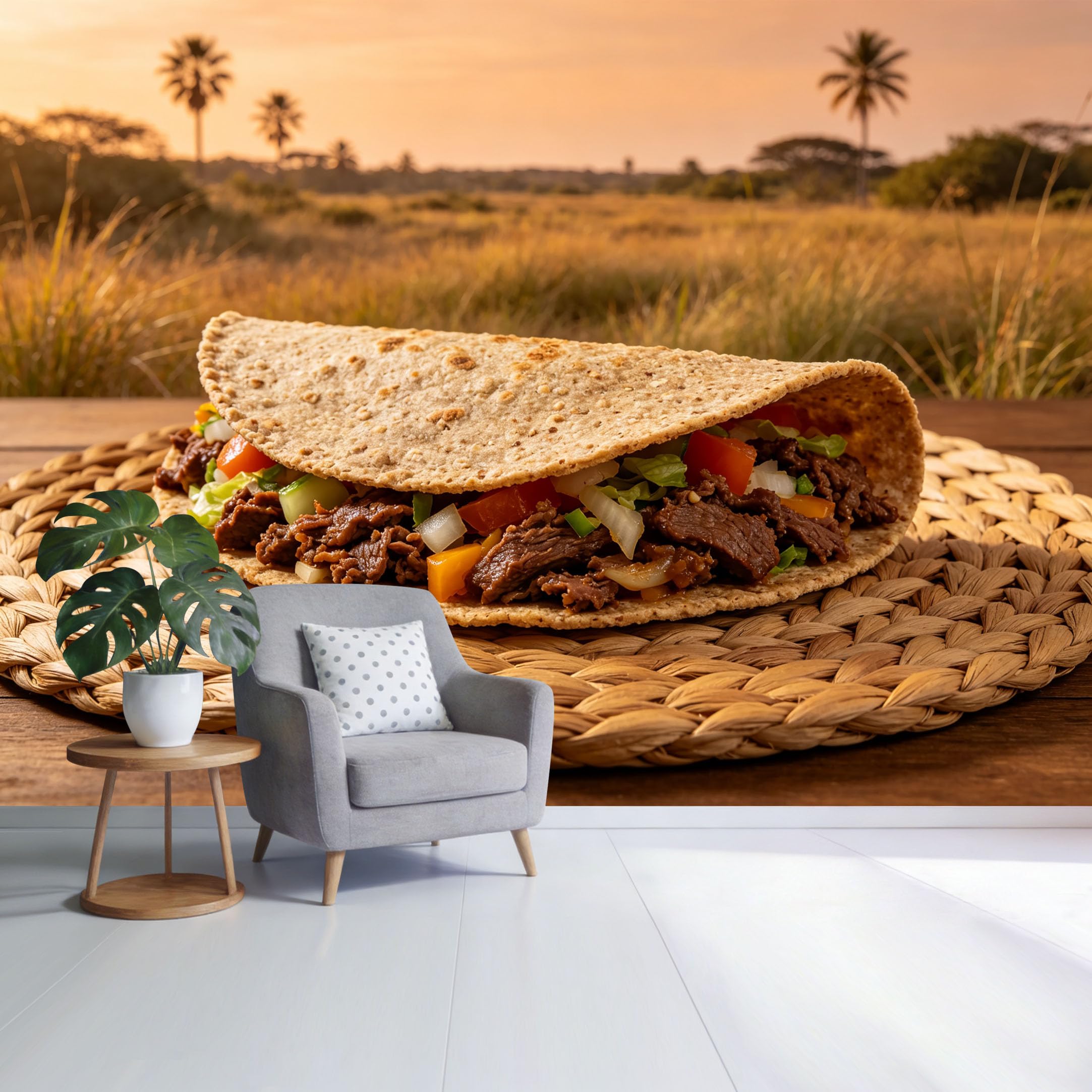 Custom Size Wall Mural Tropical Sunset Field with Palm Trees and Taco on Woven Mat Landscape Food Art SelfAdhesive Wall Fabric Removable Wallpaper for Home Office Decor