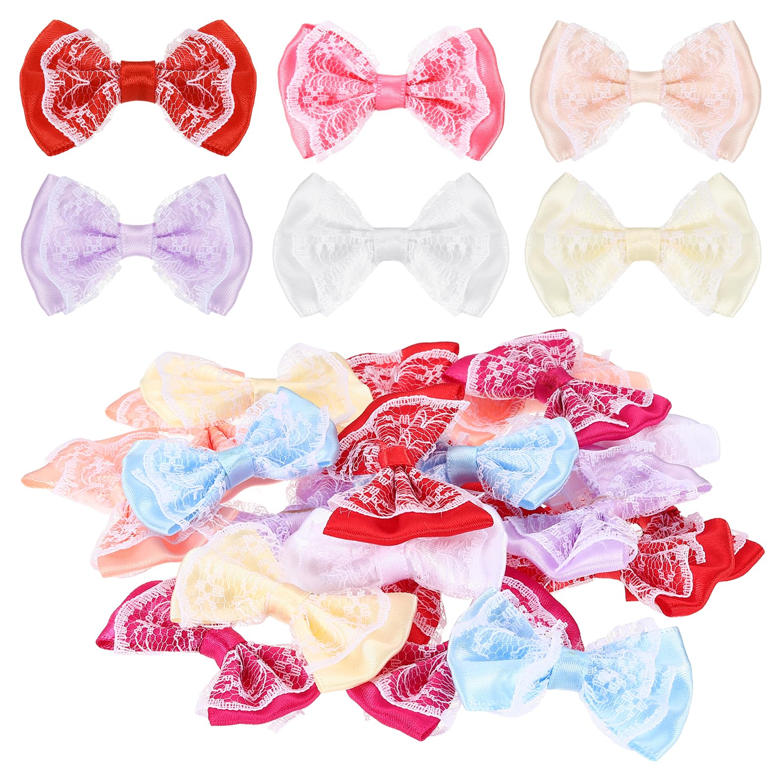 sourcing map 20Pcs Ribbon Bows, 1.38" x 2.24" Polyester Bow Appliques Bow Tie Shaped Appliques Lace Double-Layer Craft Bowknot for Sewing Crafts Clothes Hat Wedding Decoration, Mixed Colors
