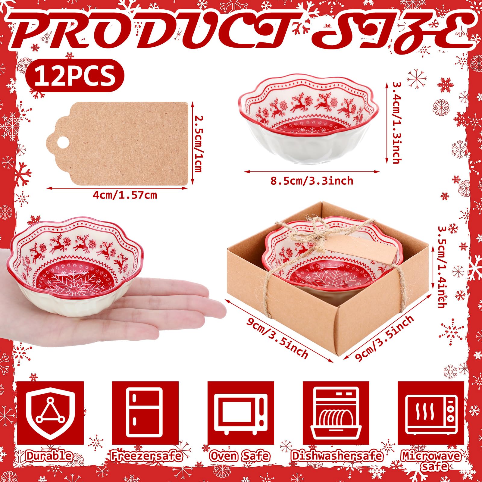 SiliFine 12-teiliges Weihnachtsgeschenk-Set für Gäste, kleine Keramik-Schüsseln, Großpackung, Geschenk-Set, 8,4 cm, Weihnachtsschneeflocke und Elch-Design, Mini-Dip-Schüssel, Saucenschale mit