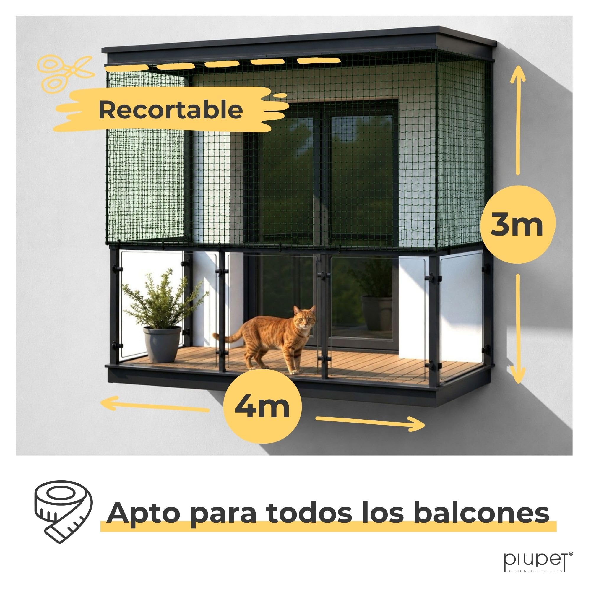 PiuPet - Red para gatos reforzada con alambre de hierro I, 4 x 3 m, color verde I kit de fijación incluido I red para gatos para balcón | Rejilla para gatos