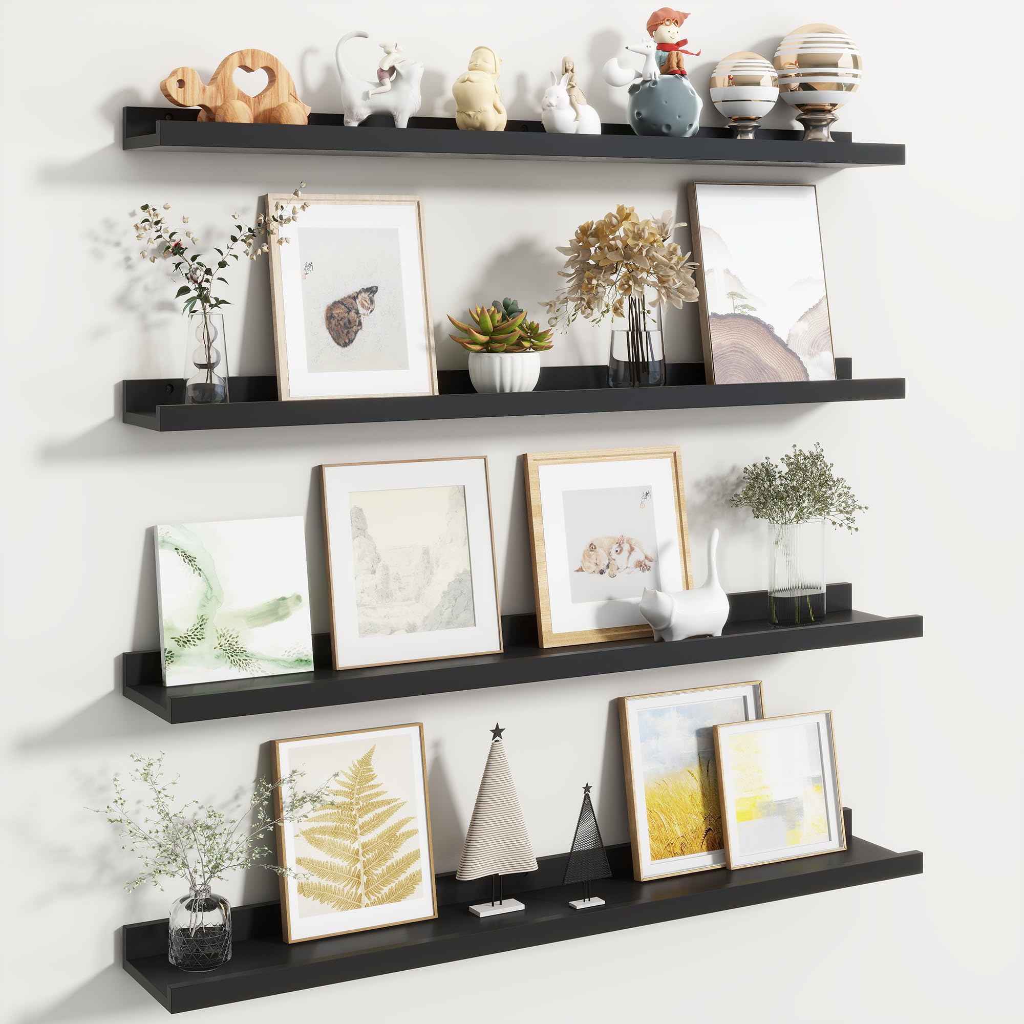 Fun Memories Picture Ledge Shelf, Black Floating Shelves Set of 4, 36 Inch Picture Shelves for Wall with Ledge, Large Nursery Book Shelf for Toys Storage, Living Room, Bedroom Decor Frames