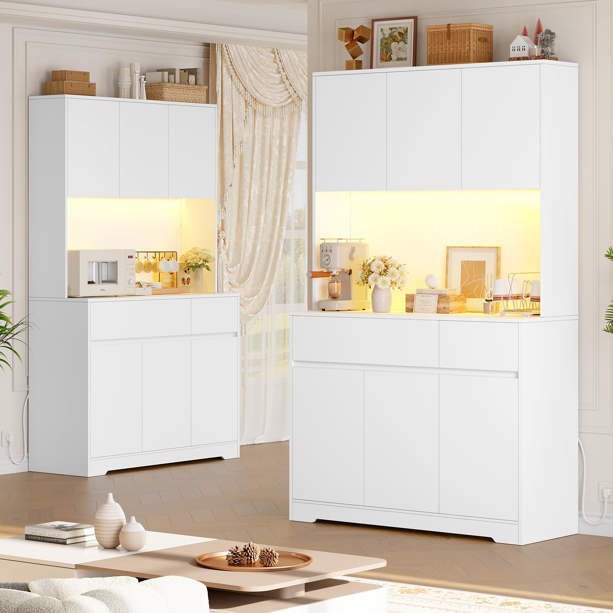 FirFurd Küchenschrank Buffetschrank mit LED und Steckdose Küchenschrank mit Arbeitsplatte Sideboard für Küche Wohnzimmer Esszimmer Küchenbuffet 180x100x38,5cm weiß