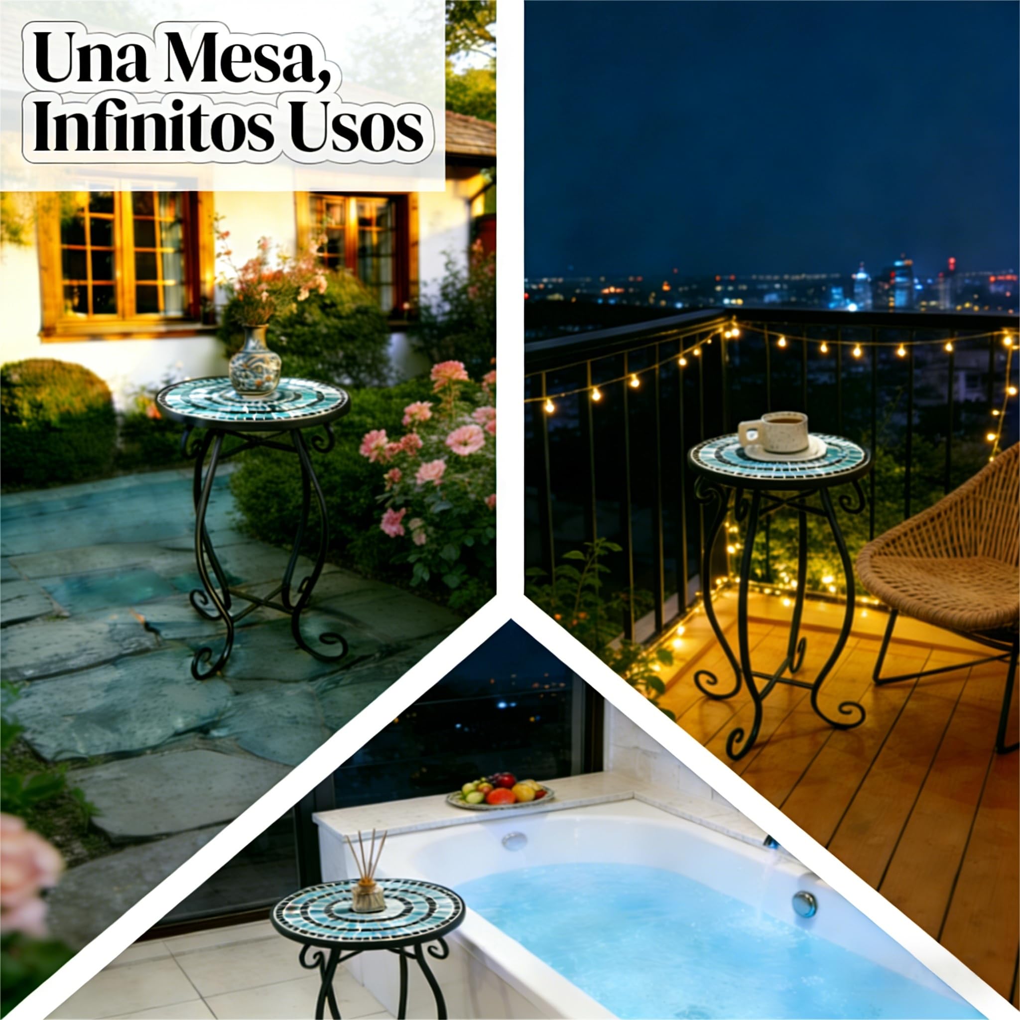 COSTWAY Mesa Auxiliar de Exterior Mosaico, Mesa de Jardín Redonda con Tablero de Cerámica Resistente, Soporte para Plantas Pequeña para Balcón Patio,Jardín, Mesa de Acento (Turquesa)