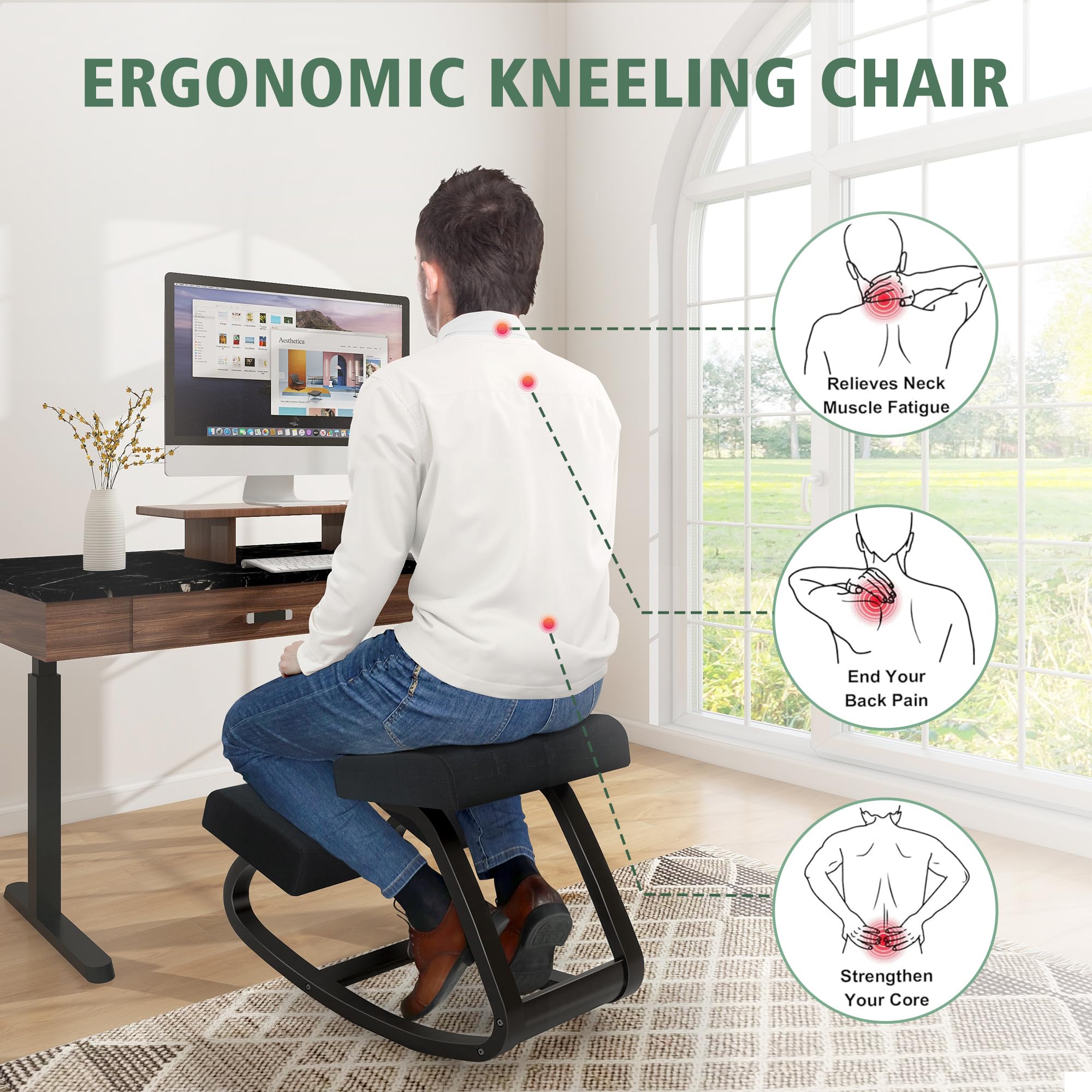 Chaise genoux ergonomique en bois massif avec fonction bascule, assise et repose-genoux rembourrés fuirBuro, bureau à domicile et apprentissage, jusqu'à 100 kg