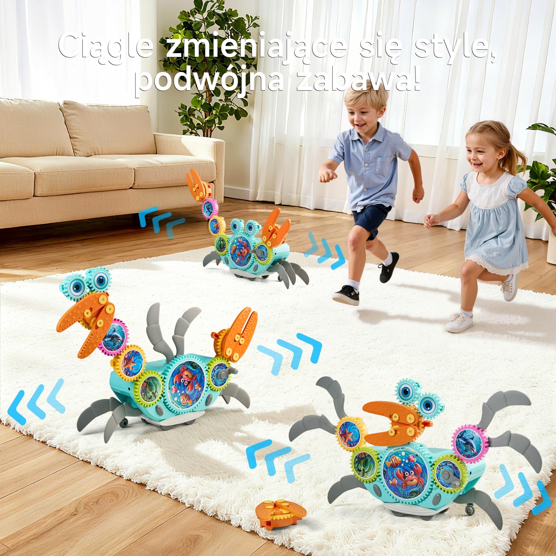 Klocki zębate krab, kreatywna zabawka konstrukcyjna z ruchem bocznym, muzyką i światłem, Montessori sensoryczna edukacyjna z wykrywaniem przeszkód, dla dzieci od 3 lat
