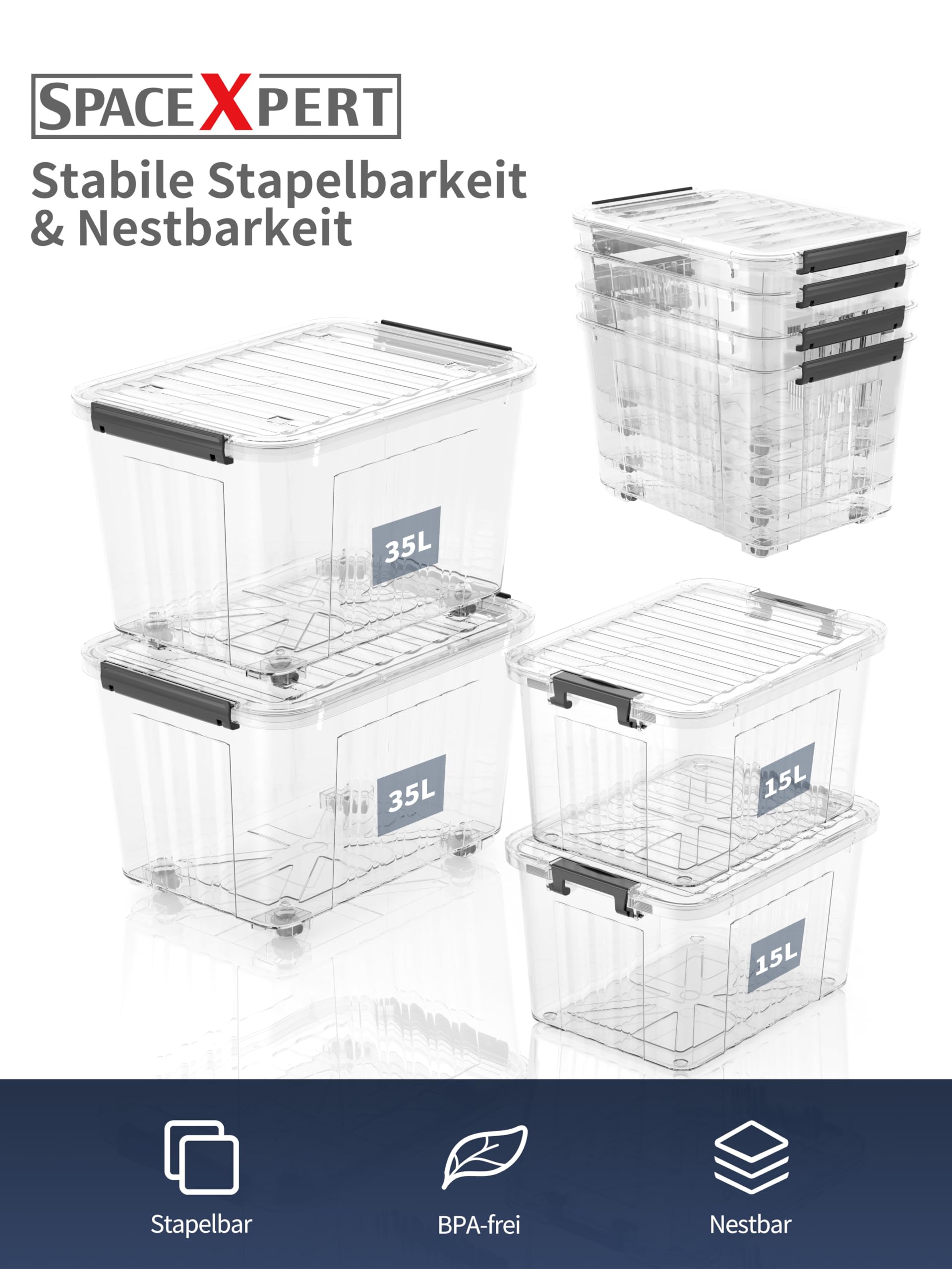 Aufbewahrungsboxen mit Deckeln,Lagerboxen mitLaufrollen, Kunststoff - Aufbewahrungslösungen für Zuhause, Büro und Schule, Ordnungsboxen, Stapelbar, Transparent, 35L(4er Set)