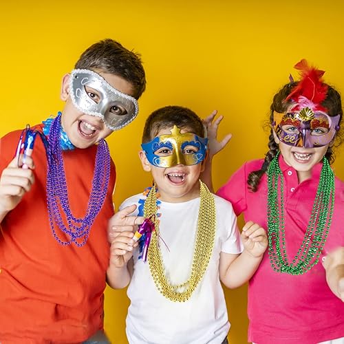 Miniatura 5 de Camlinbo 100 piezas de collares de cuentas de Mardi Gras a granel morado, verde, dorado, cuentas de Mardi Gras, decoración de fiesta, suministros de