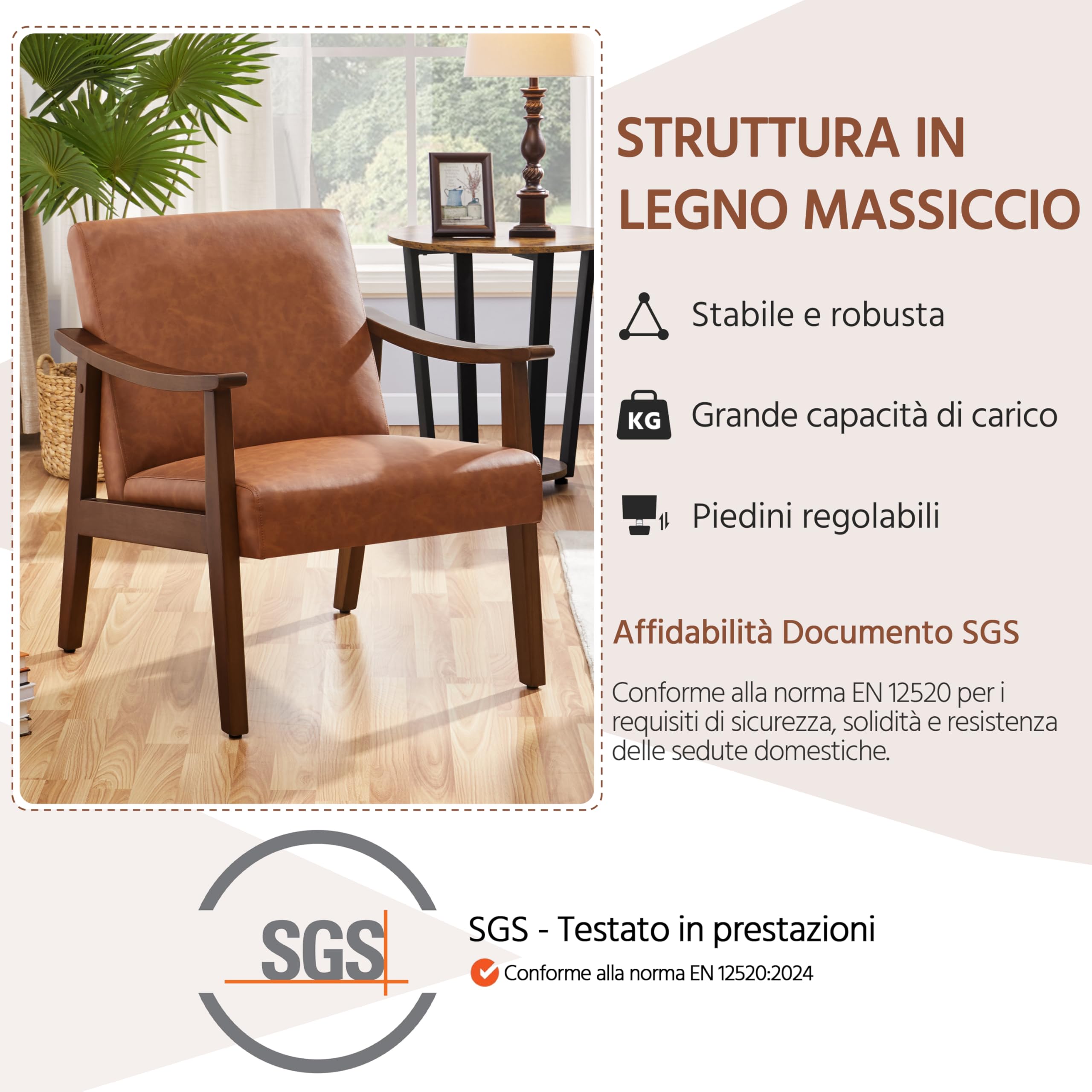 Yaheetech Poltrona Lounge in Ecopelle Imbottita con Schienale Braccioli Ergonomica da Salotto/Lettura/Ufficio/Studio/Intrattenimento Marrone Chiaro