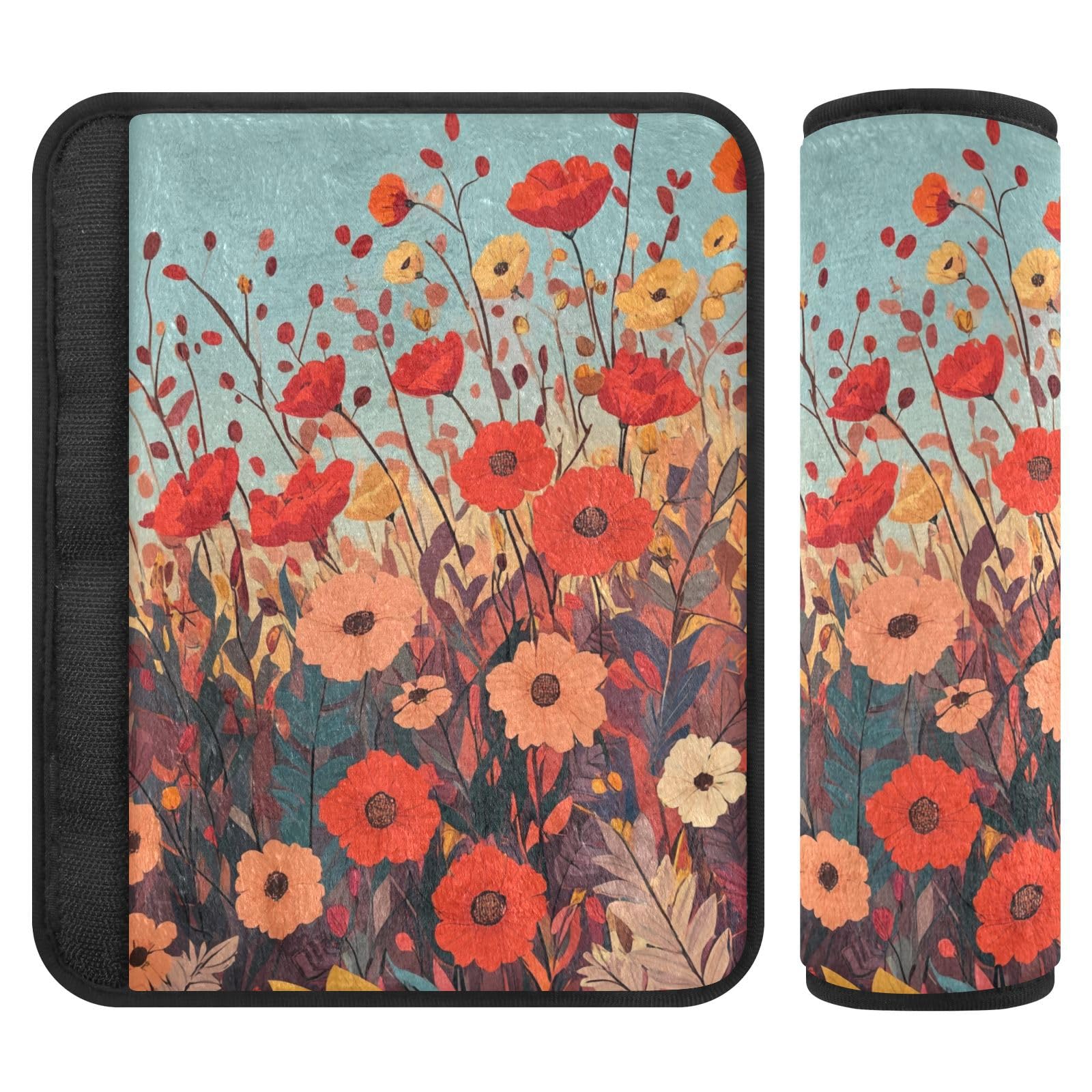 Autumn Poppy Flowers Seat Belt Cover Pad 2 Pcs Soft Cute Seatbelt Covers Protector Support Head Neck Shoulder Strap for Car Seats High Chair Backpack for Adults Kids Women Men 10x7.7In 2 Pack