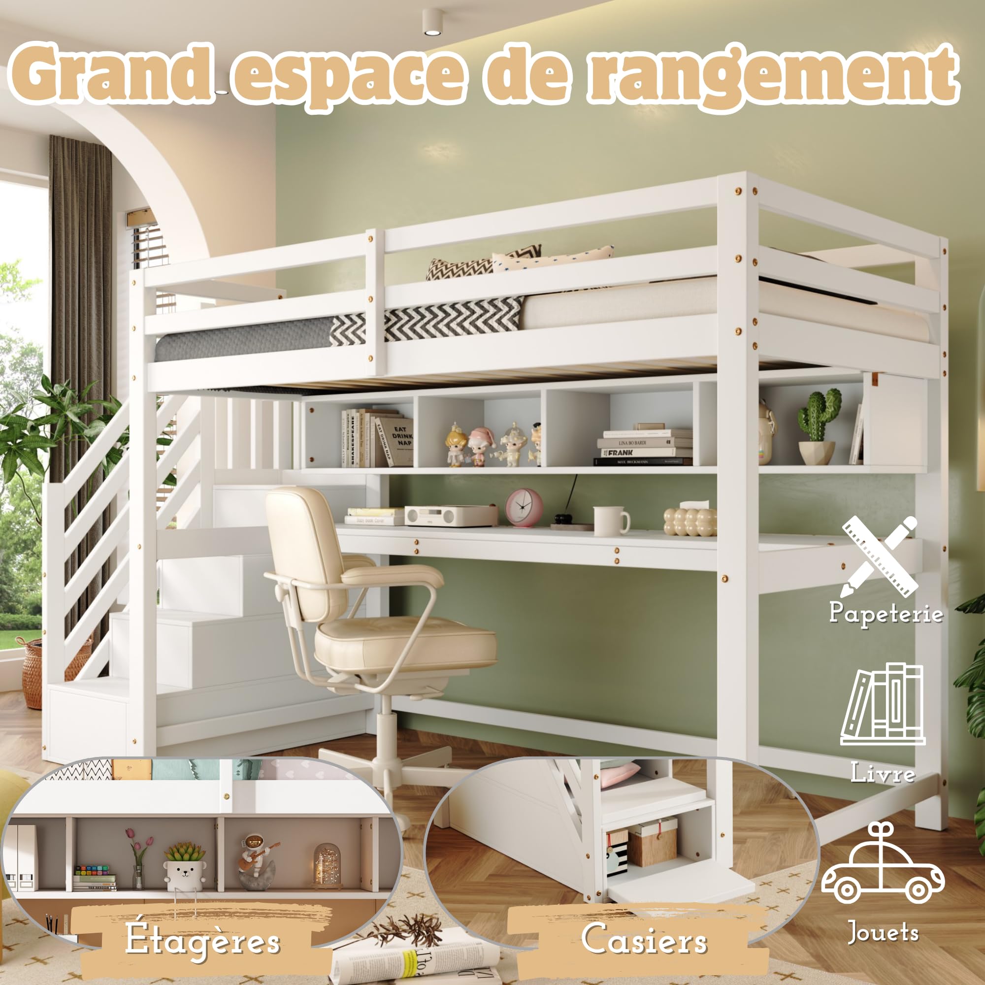 Hochbett Kinder 90x200 mit Schreibtisch, Kinderbett mit Stauraum-Treppe und Bücherregalen, Massivem Kiefernholz, Weiß,1 Kinder (B-Weiß)