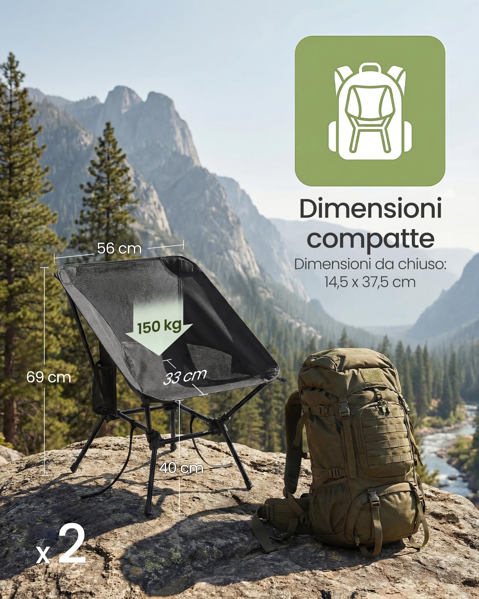 SONGMICS Sedie da Campeggio, Set di 2 Sedie da Esterno, Altezza Regolabile, Struttura in Acciaio, Portata 150 kg, 2 Tasche, per Campeggio, Viaggi, Nero GCB052BZ01