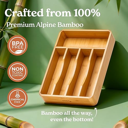 Vista 5 de SMIRLY Organizador de cajones de cubiertos – Organizador de cajones de cocina de bambú, soporte ajustable para utensilios y bandeja de cubiertos