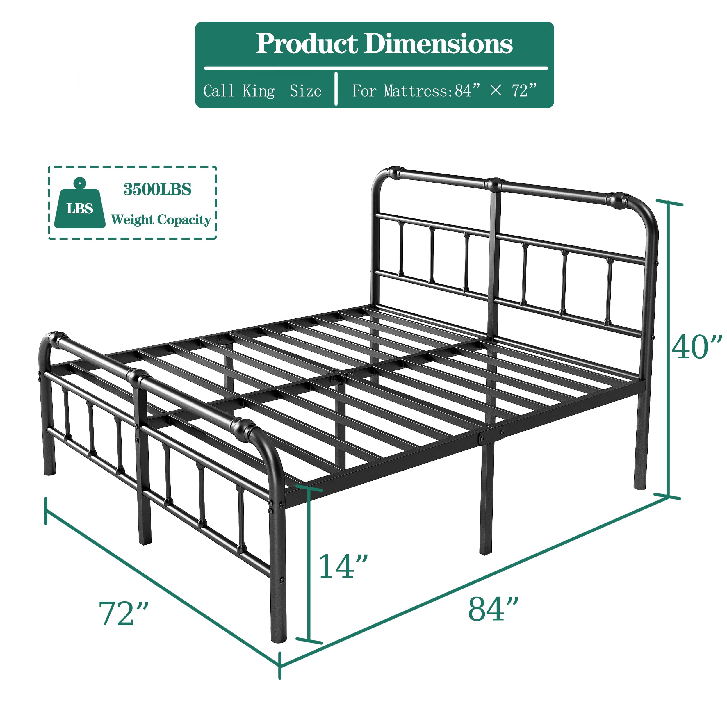 RestVille 14 INCH California King Size Metal Bed Frame with Headboard & Footboard No Box Spring Needed Platform for Mattress, Heavy Duty Steel Slats Support?Çö?ÇöBlack