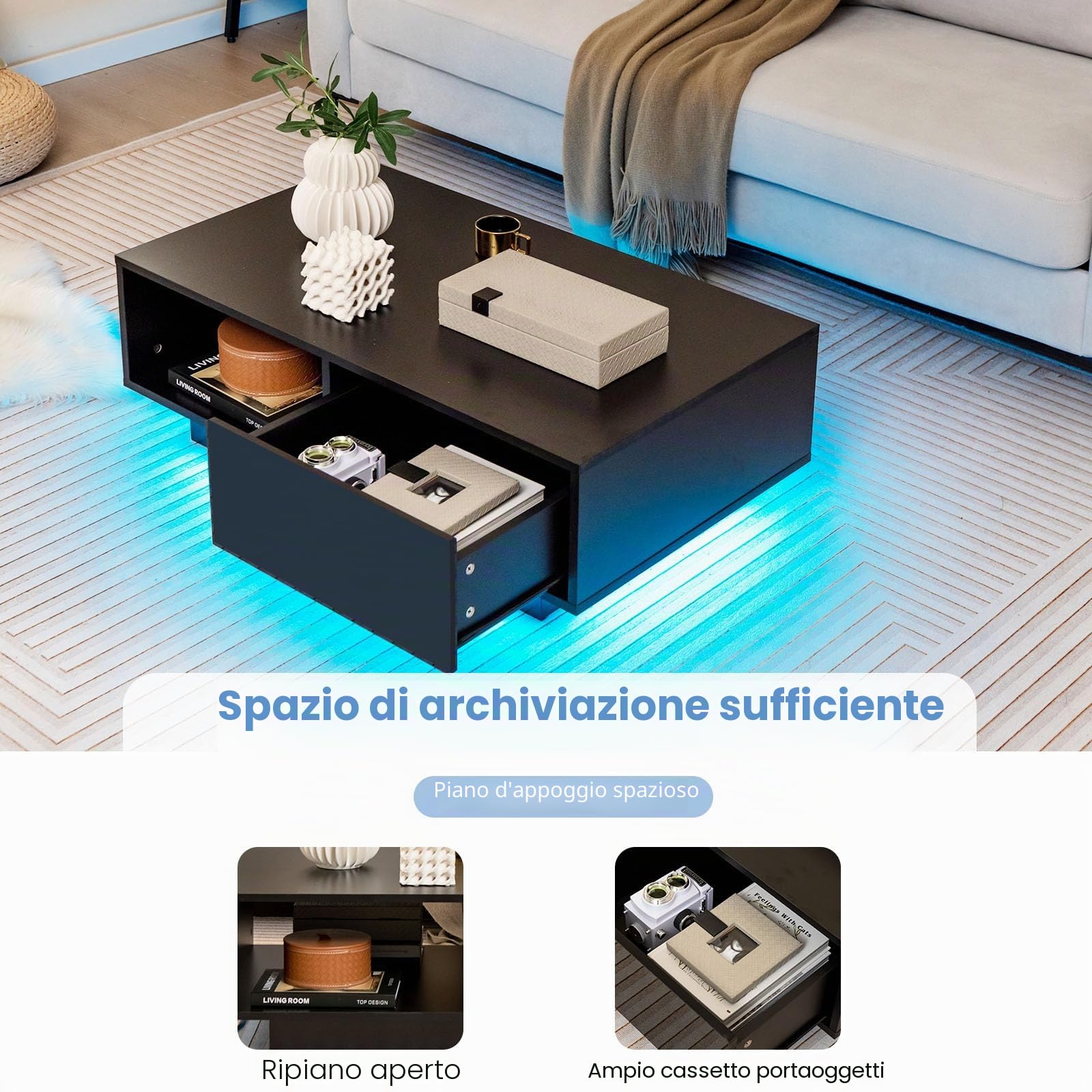 LIFEZEAL Tavolino da Salotto con Luci a LED, 1 Cassetto, 1 Scomparto, Colori, Luminosità Regolabili, Moderno, Basso, Remoto Controllo, Tavolino da Caffè, Soggiorno, Max 65kg, 95x55x31cm, Nero Lucido