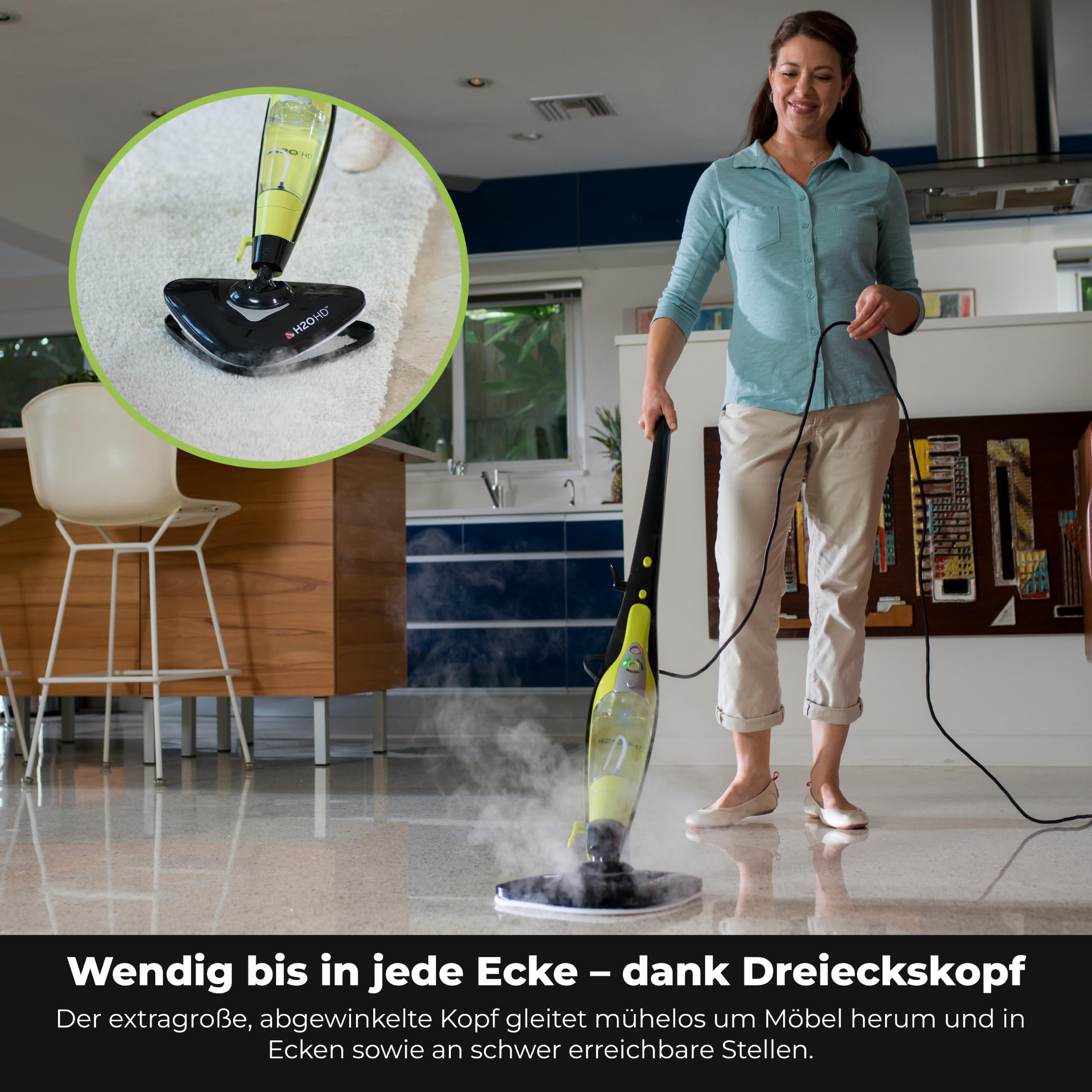 H2O HD Chemiefreier Dampfbesen & Handdampfer 1500W | Entfernt bis zu 99,9% der Bakterien, 450ml Tank, <30s Aufheizzeit, für Familien & Haustiere