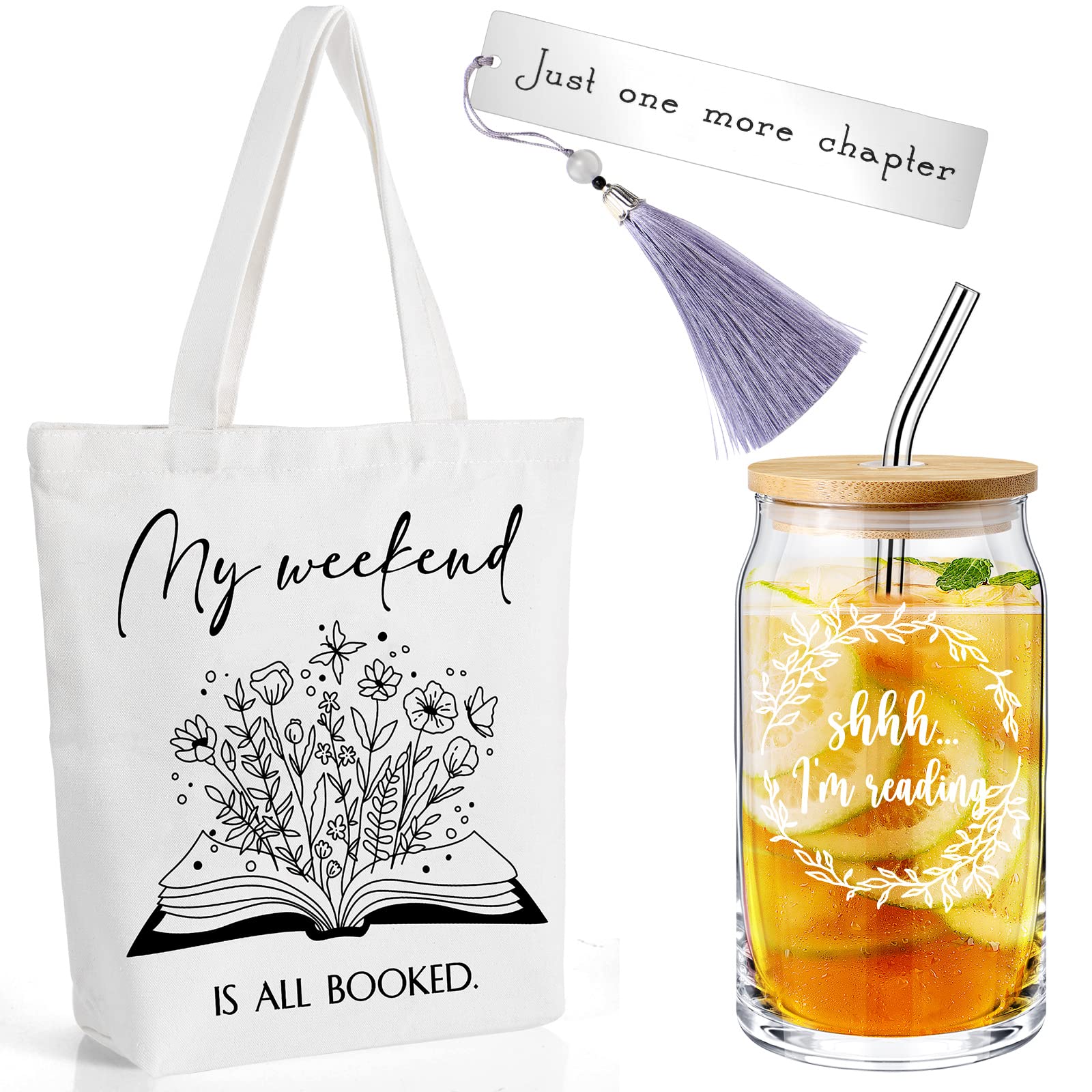 Book Lovers Gifts Include for Women 16oz Drinking Glass with Bamboo Lid and Straw, Library Reusable Tote Bag and Stainless Steel Bookmark for Teacher Reader Friends