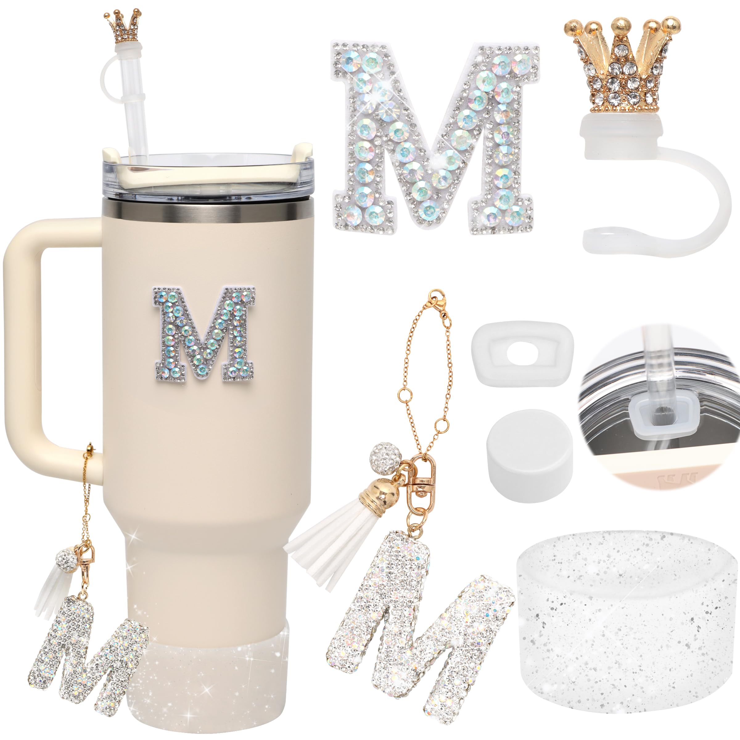 6Pcs Stanley Cup Accessories Set - Giltter Letter Charm for Cup Handle, Silicone Straw Cover with Crown, Diamond Letter Sticker, Sparkly Silicone Boot