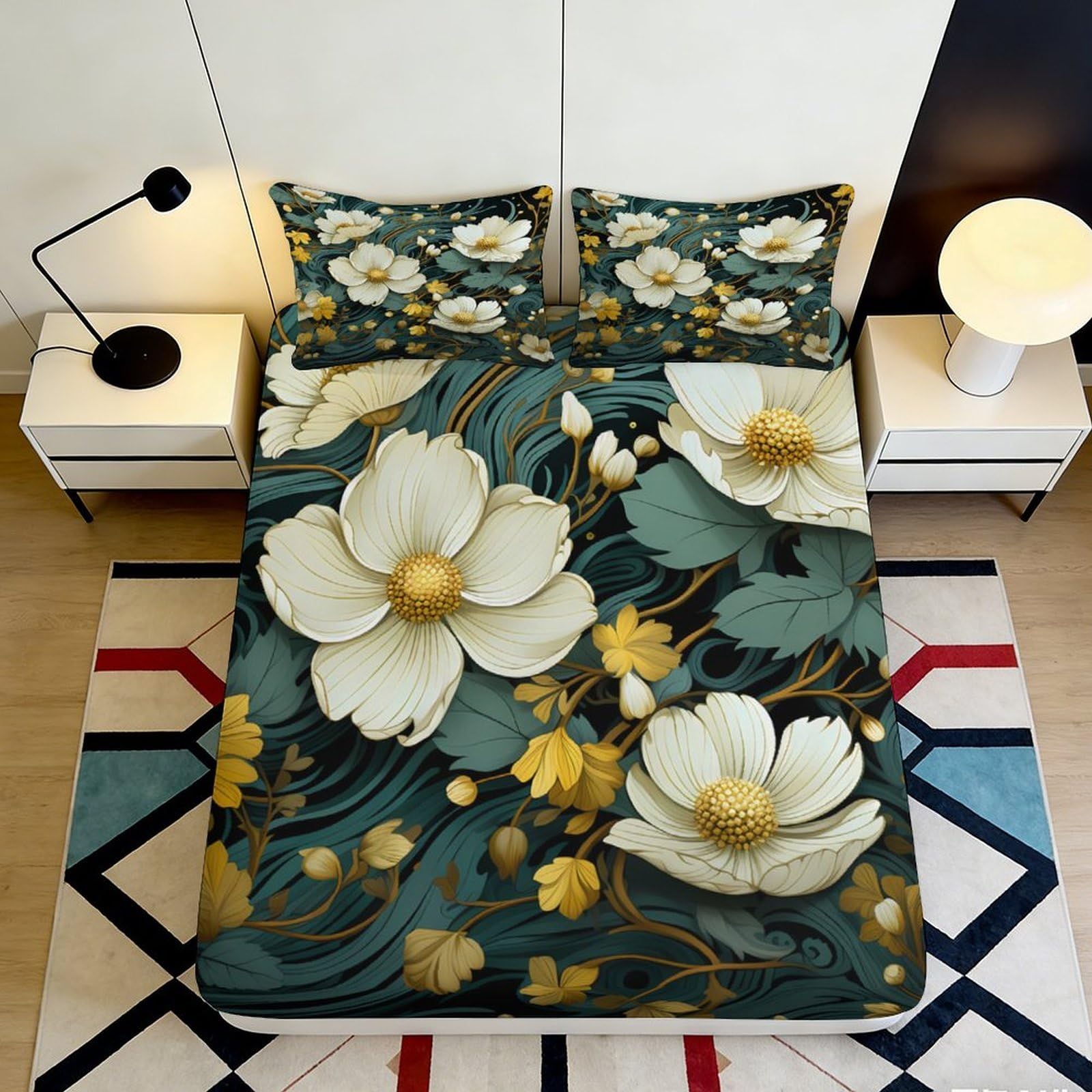 3D Printed Floral Fitted Sheet Microfiber Soft Breathable Botanical Bed Cover for Bedroom Dormitory Guest Room Mattress Protection Decor 160x200x25cm