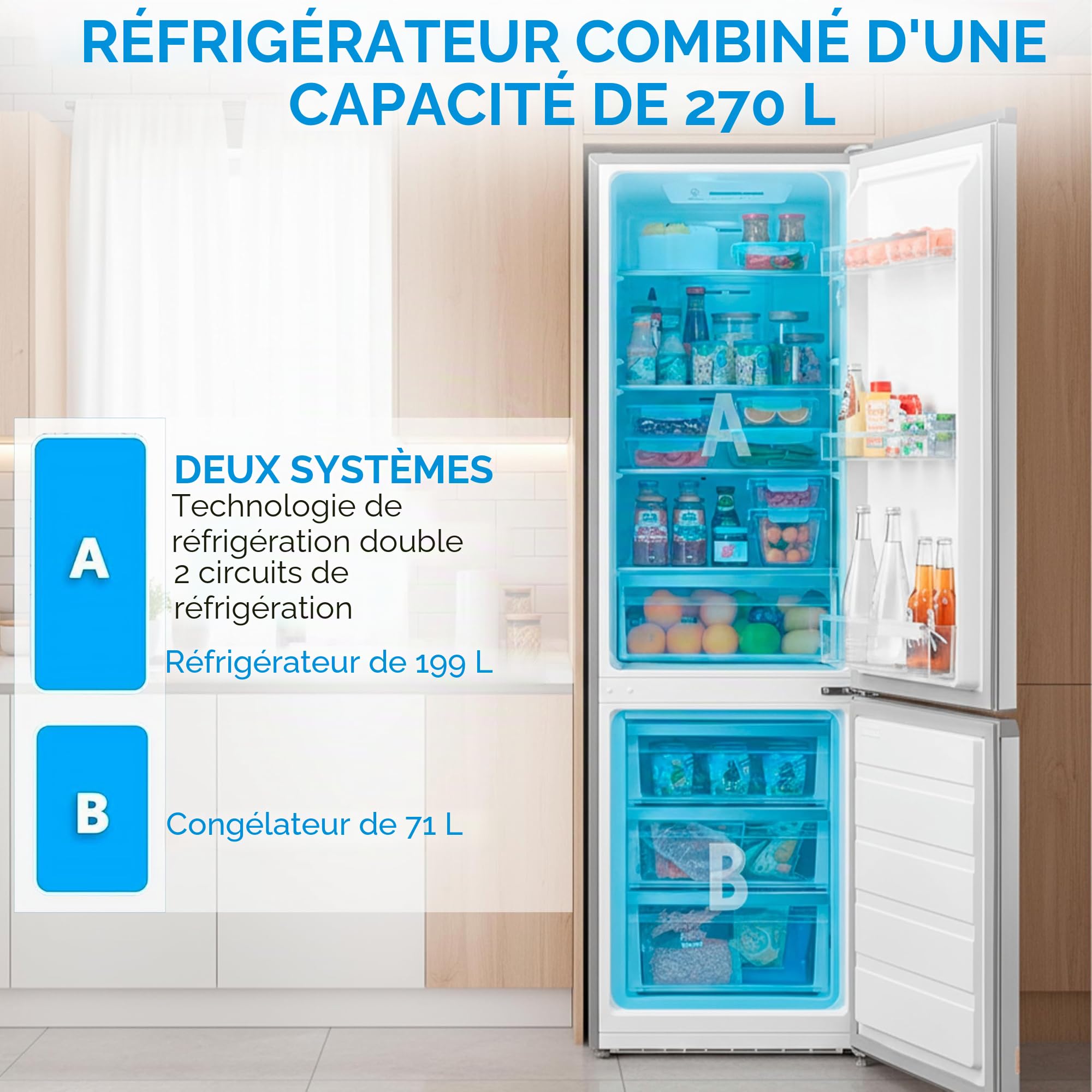 Midea Frigo Congelateur Combiné No Frost 55 cm de large x 180 cm - Combine Refrigerateur 270 L - Frigidaire Congelateur à économie d'énergie avec compartiment