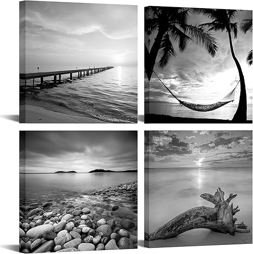 sechars - Arte de pared de playa en blanco y negro pintura de paisaje marino imagen de paisaje de amanecer impresión en lienzo giclée enmarcado para