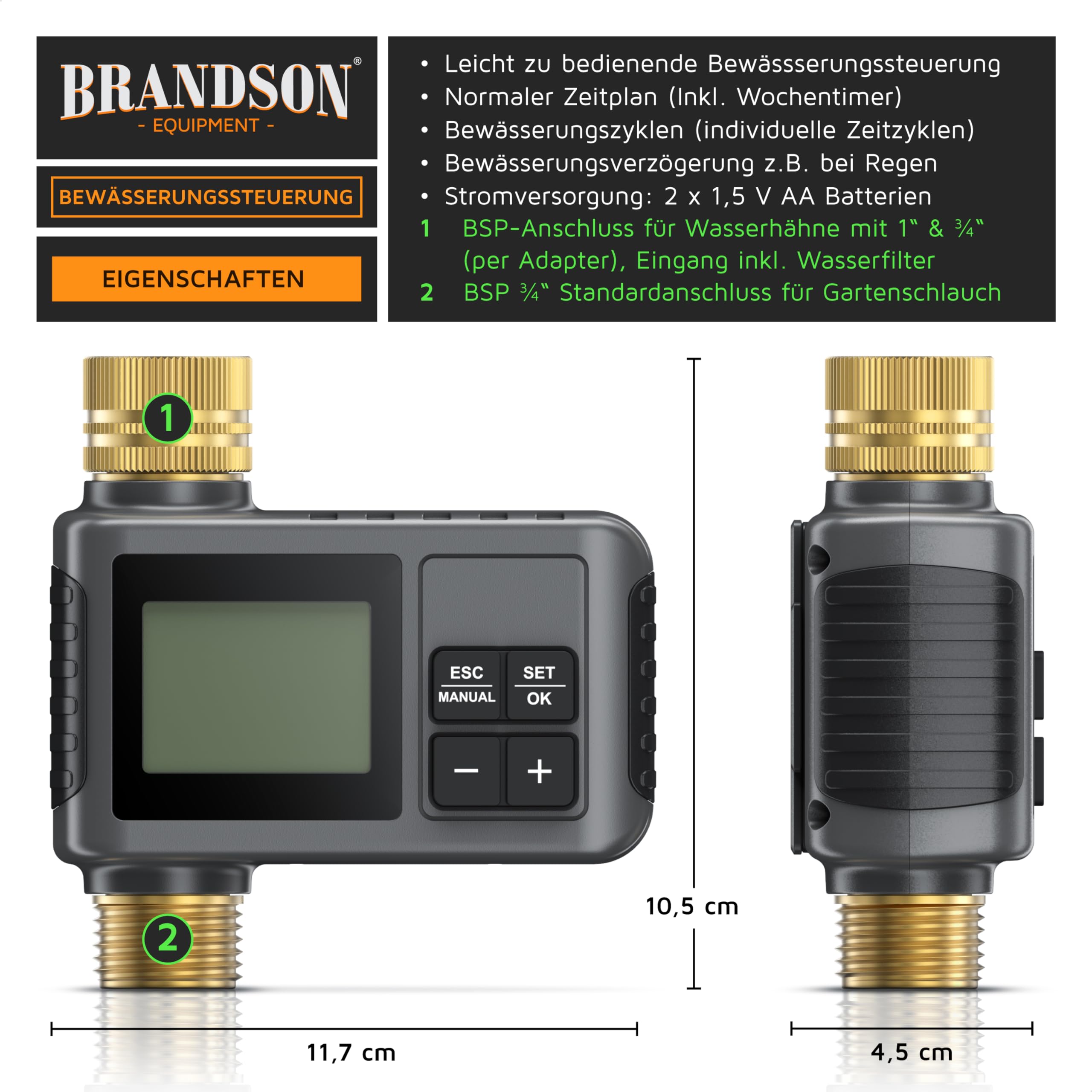 Brandson - Bewässerungssteuerung digital mit Display - Bewässerungcomputer Wasserzeitschaltuhr - Bewässerungssteuerung - Bewässerungssystem – Automatische Bewässerung - Balkon Terrasse Garten