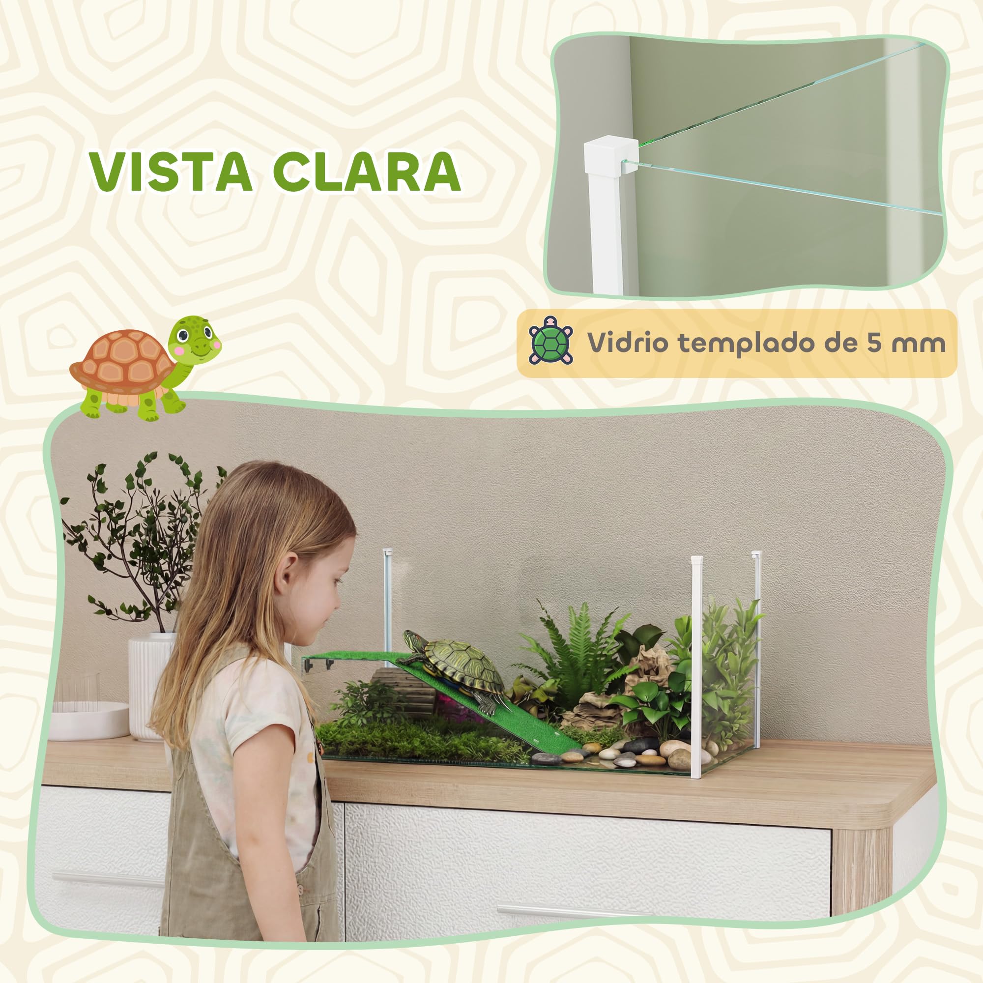 PawHut Acquario per tartarughe, terrario per tartarughe con piattaforma e rampa con superficie in erba artificiale, vista panoramica a 360°, per piccoli pesci, gamberetti, 60x35x28 cm, bianco