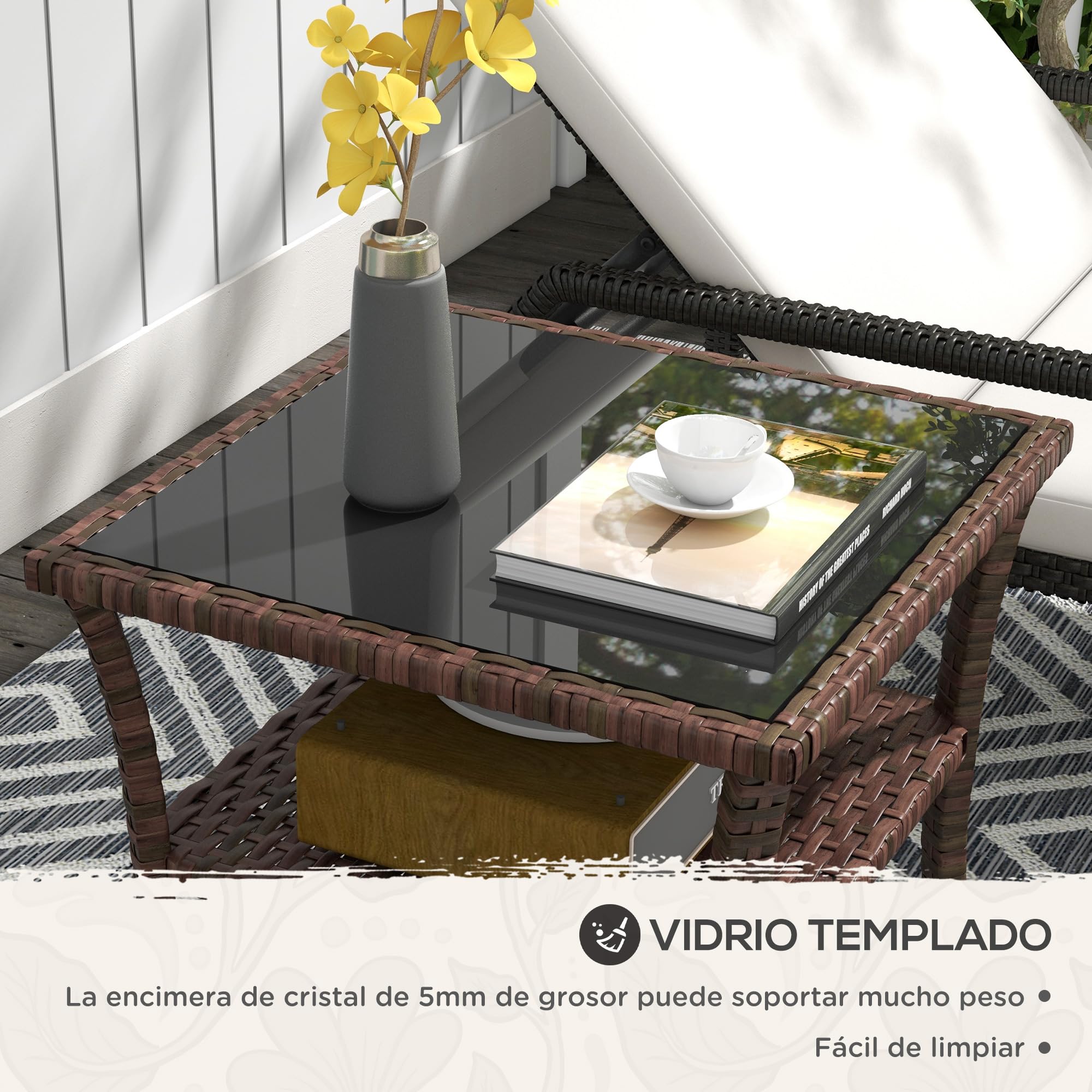 Outsunny Mesa de Ratán Sintético Cuadrada 50x50x45 cm con Estante Marrón | Mesita Exterior Pequeña, Encimera de Vidrio y Marco de Acero, Carga 30 kg, para Terraza Patio