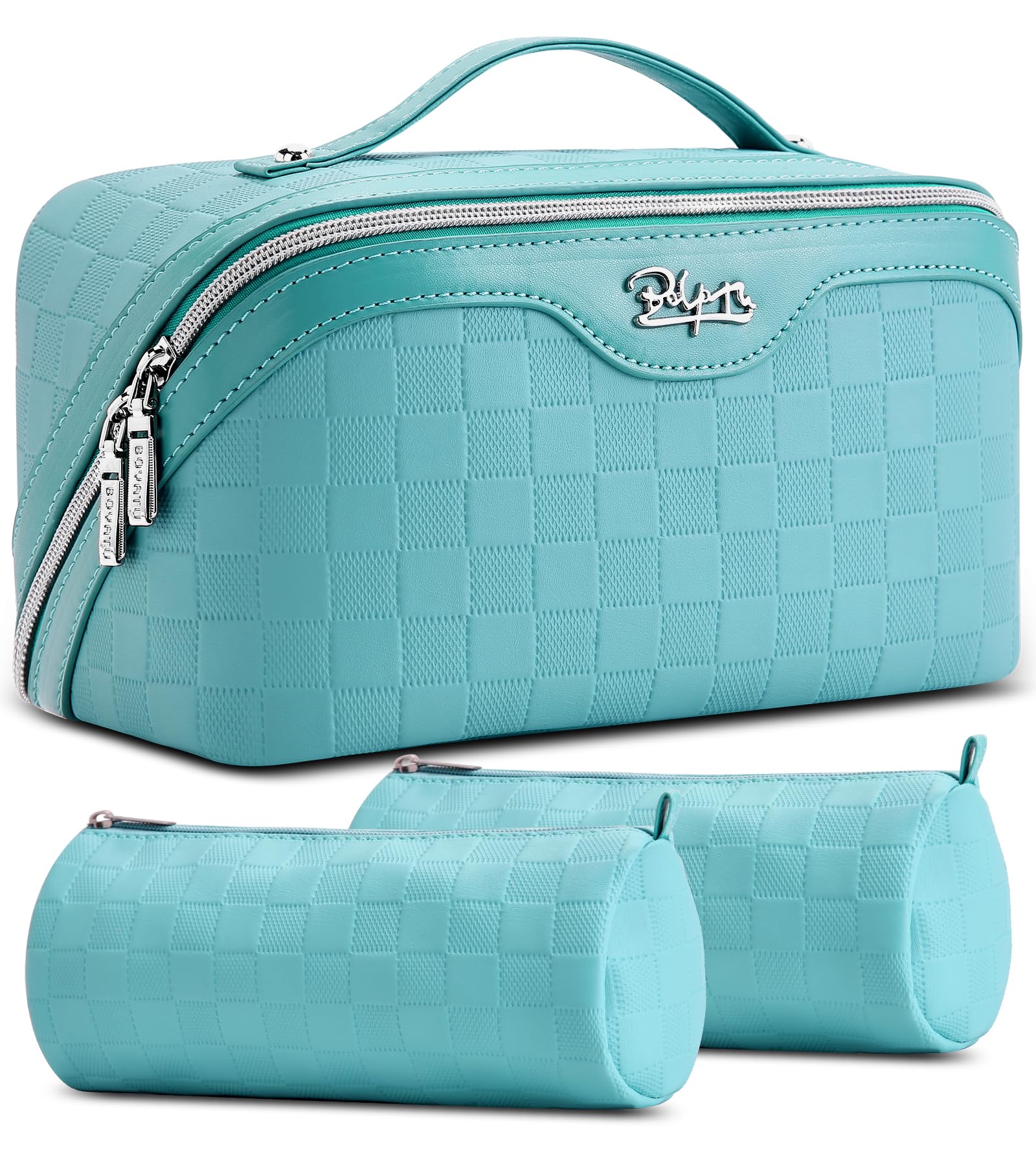 BOYATU Checkered Travel Makeup Bags Vacation-Ready Light Blue Large Capacity Cosmetic Bag for Women - 3 Pcs Set