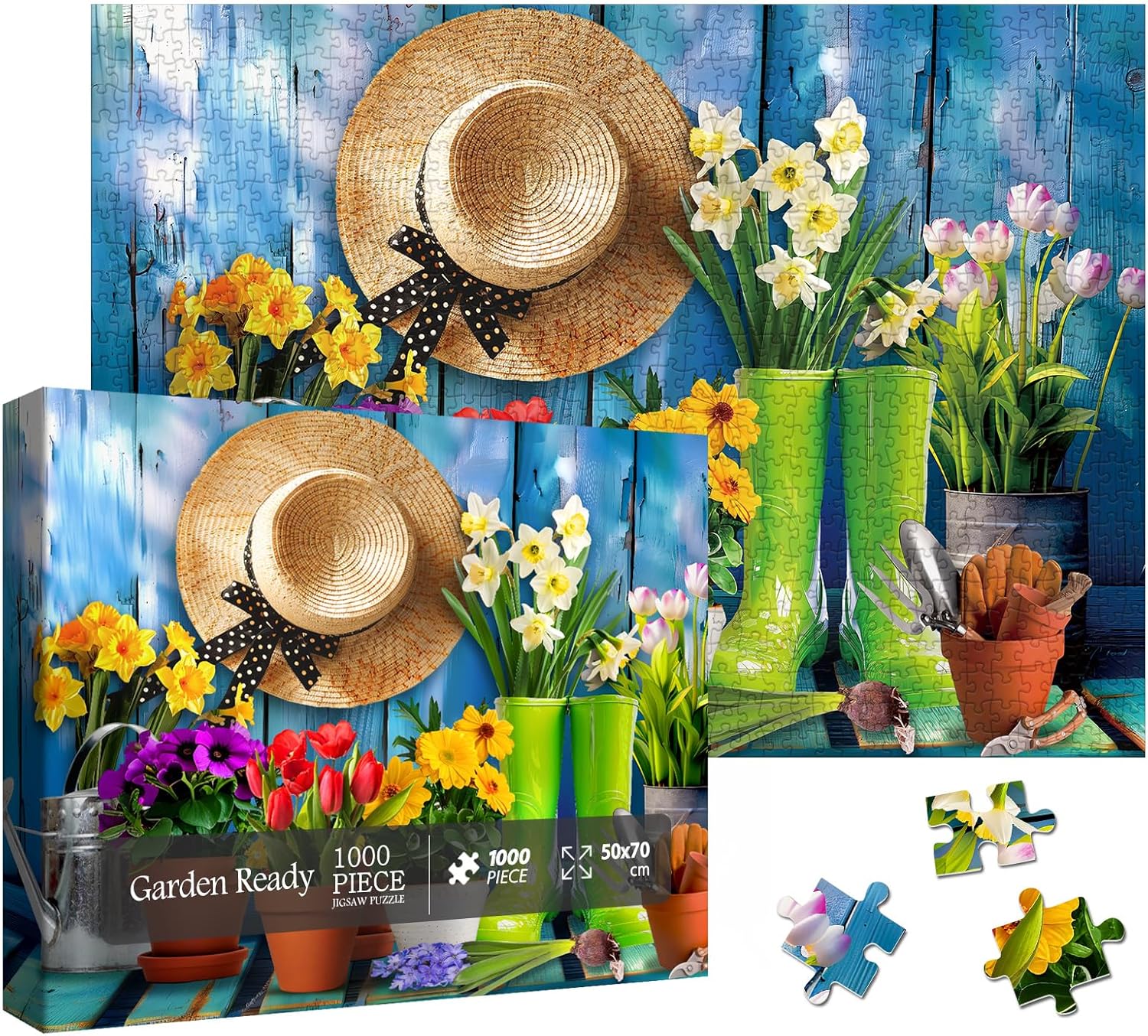 Spring Flowers Garden Puzzles for Adults 1000 Pieces, Beautiful Plant Pot Floral Boots Jigsaw Puzzles, Colorful Gardening Tools Tulip Daisy Puzzle