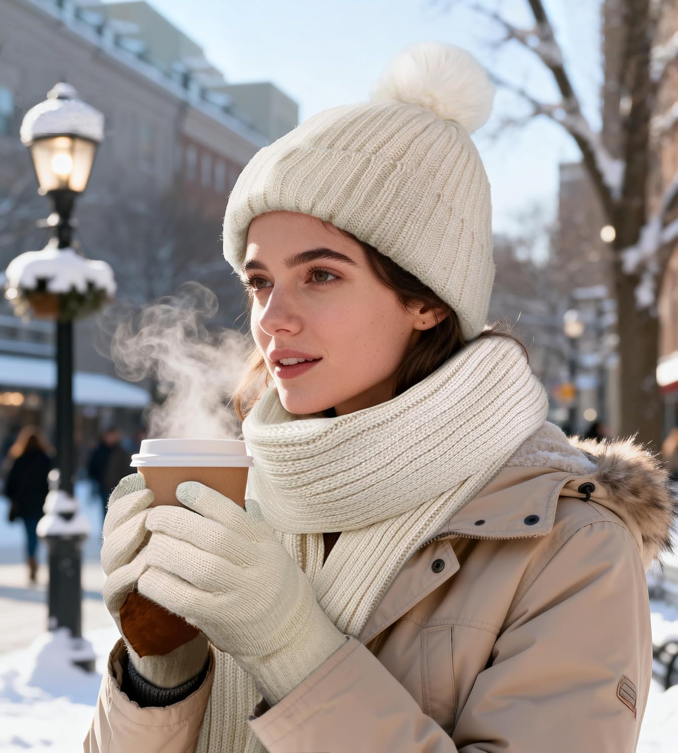 Womens Winter Beanie Hat Scarf Gloves Set, Christmas Gifts for Women, Womens Pom Pom Beanie Warm Long Knit Scarf Neck Warmer Touchscreen Gloves Winters Accessories for Cold Weather - Image 6