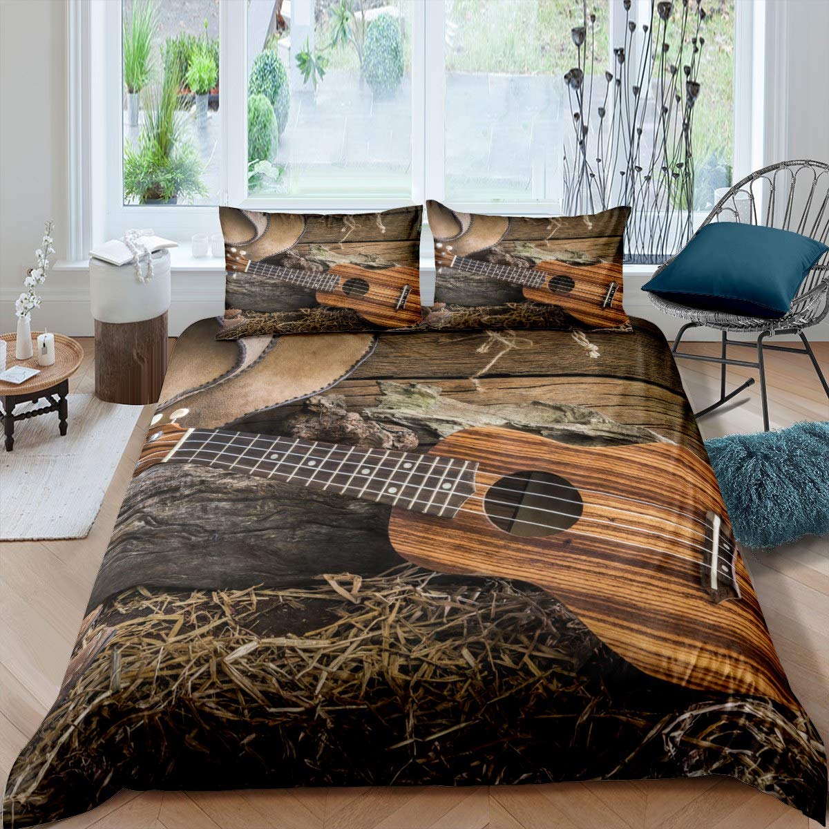 Loussiesd Pattern 2 Western Cowboy Bedding Set Music Themed Guitar Duvet Cover For Kids Children Teens Wild West Themed Comforter Cover Retro Guitar Instruments Bedspread Cover Bedroom Decor 3Pcs Double Size