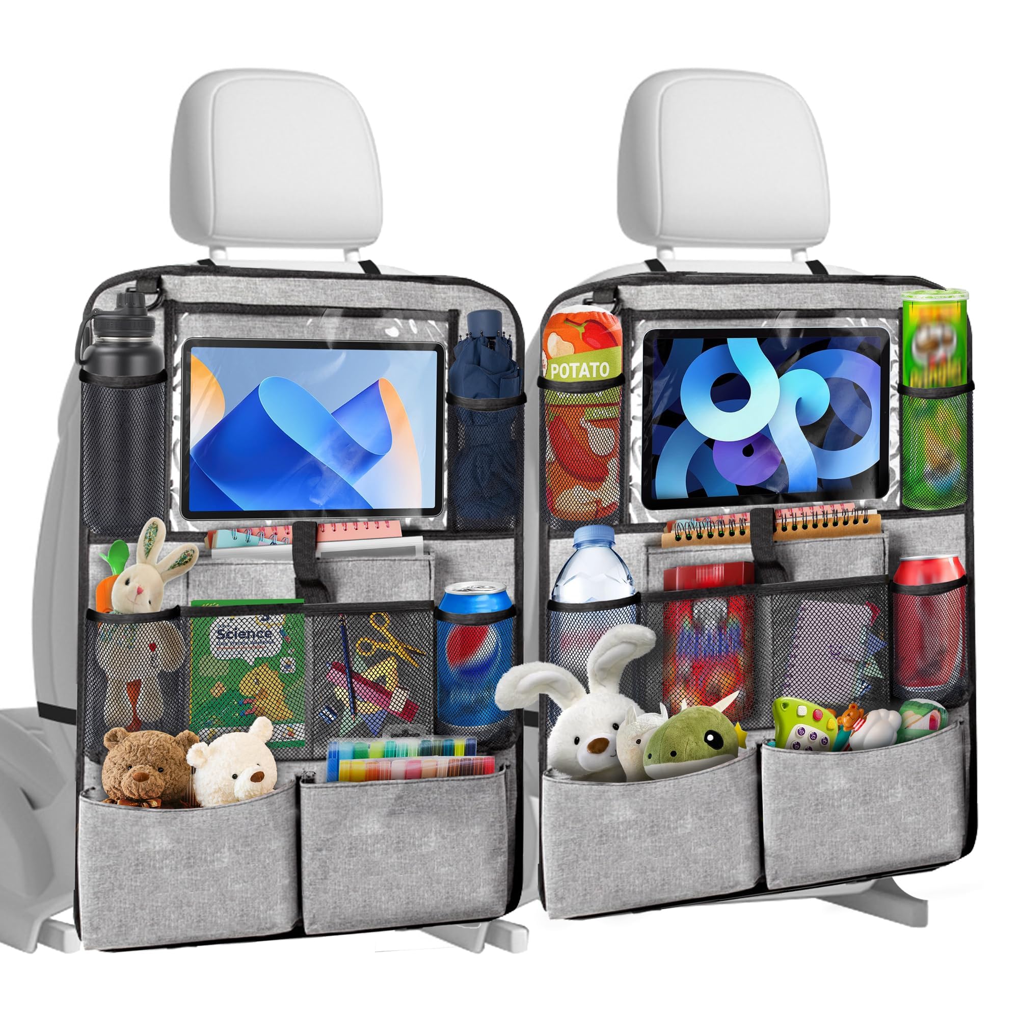 Chumix Auto Organizer Kinder, 2 Stück Rückenlehnenschutz Auto Kinder 600D Oxford Tuch, Autositz Organizer mit 10 Zoll Tablet-Tasche und 10 Taschen, Trittfest und Pflegeleicht für Autositze, Grau