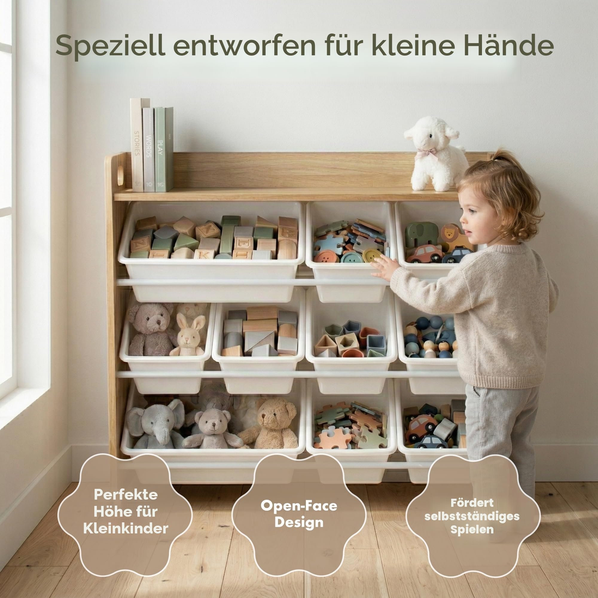 Humble Crew Kinderregal – Spielzeugregal mit 9 Aufbewahrungsboxen, Aufbewahrungsregal für Kinderzimmer, Natur/Weiß