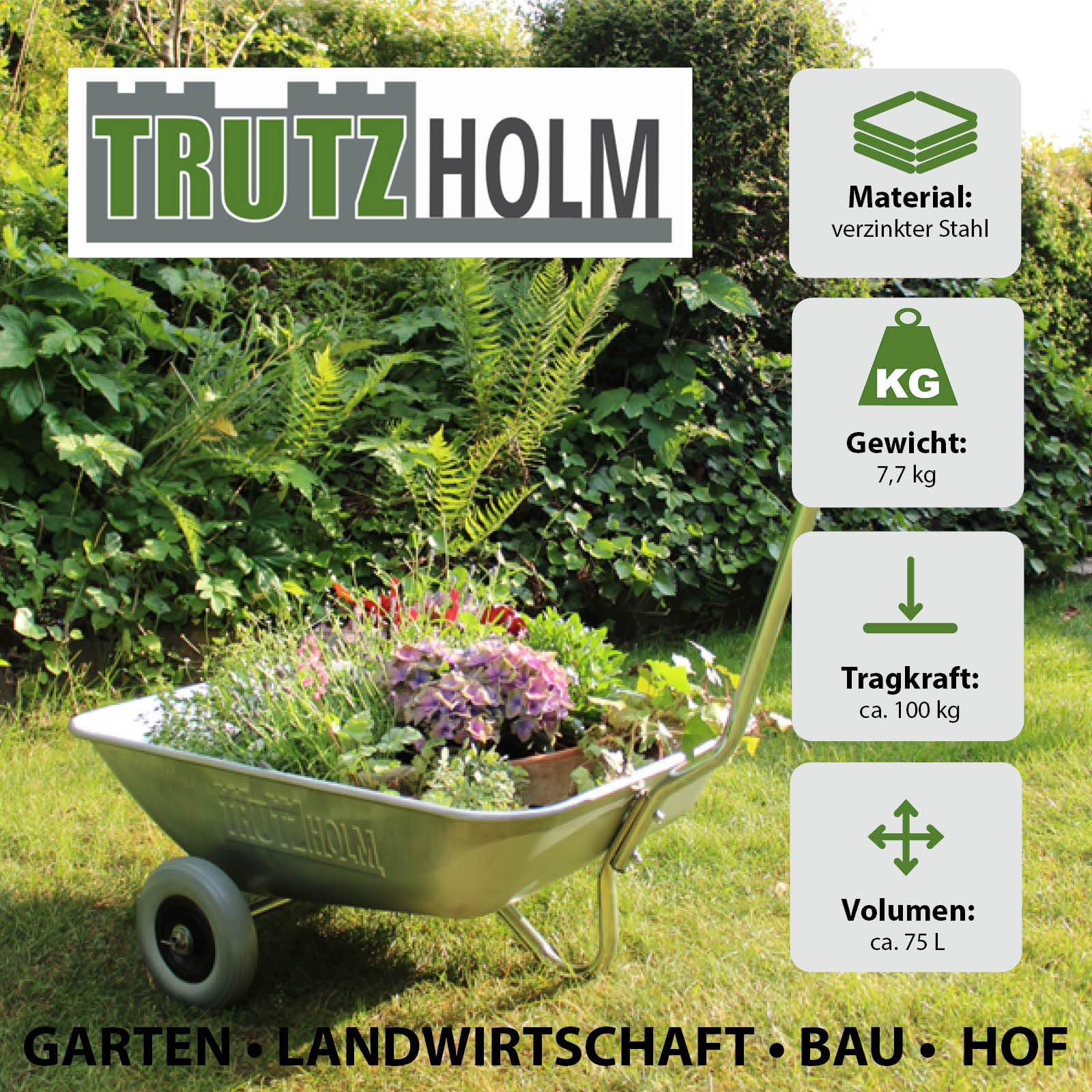 TRUTZHOLM Schubkarre Einhandkarre Friedhofskarre Pflanzkarre Gartenkarre Handwagen Traglast 100 kg mit Vollgummirädern
