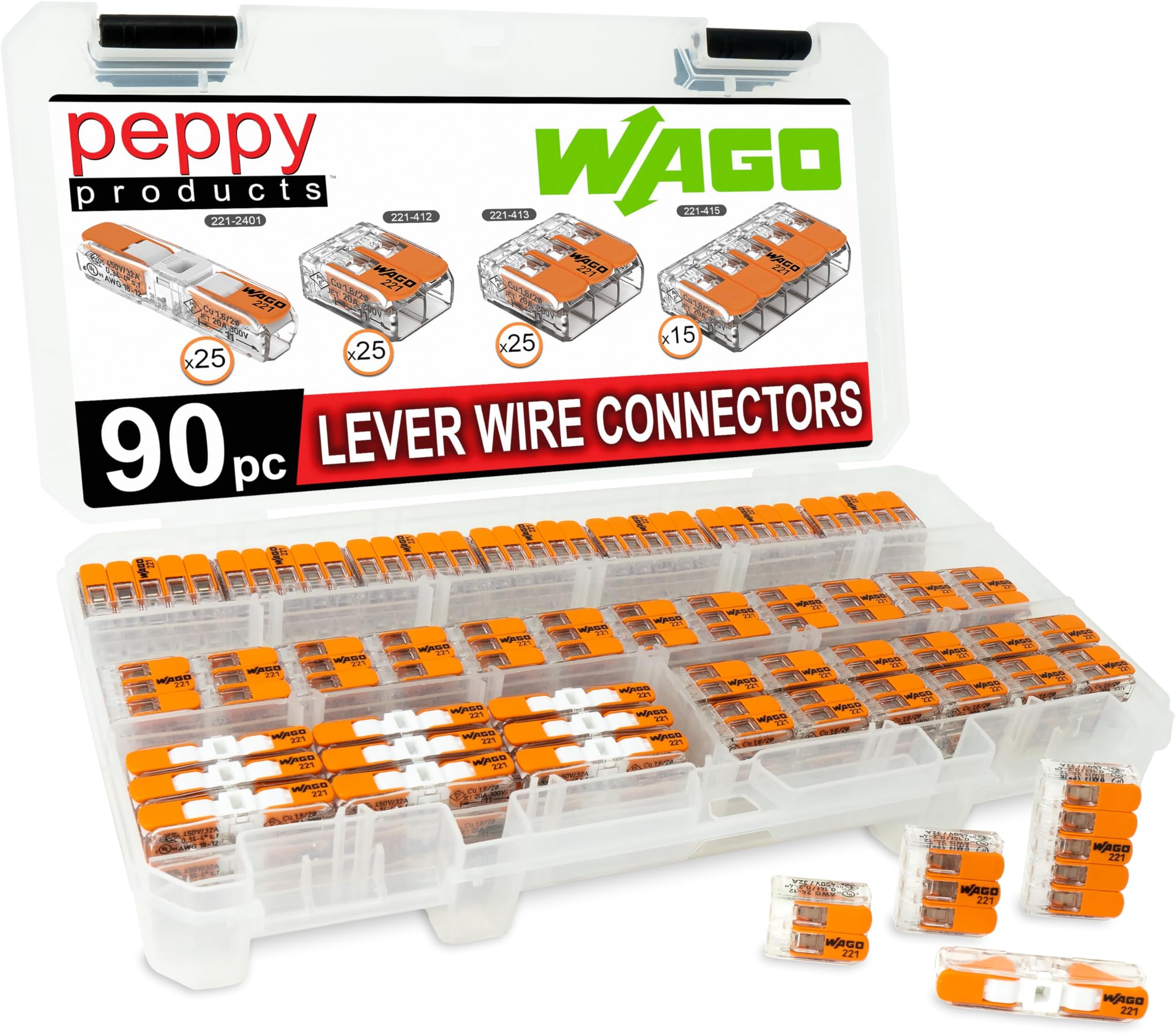 WAGO 221 Lever Nuts 90pc Compact Splicing Wire Connector Assortment with Case. Includes (25x) 221-2401, (25x) 221-412, (25x) 221-413, (15x) 221-415