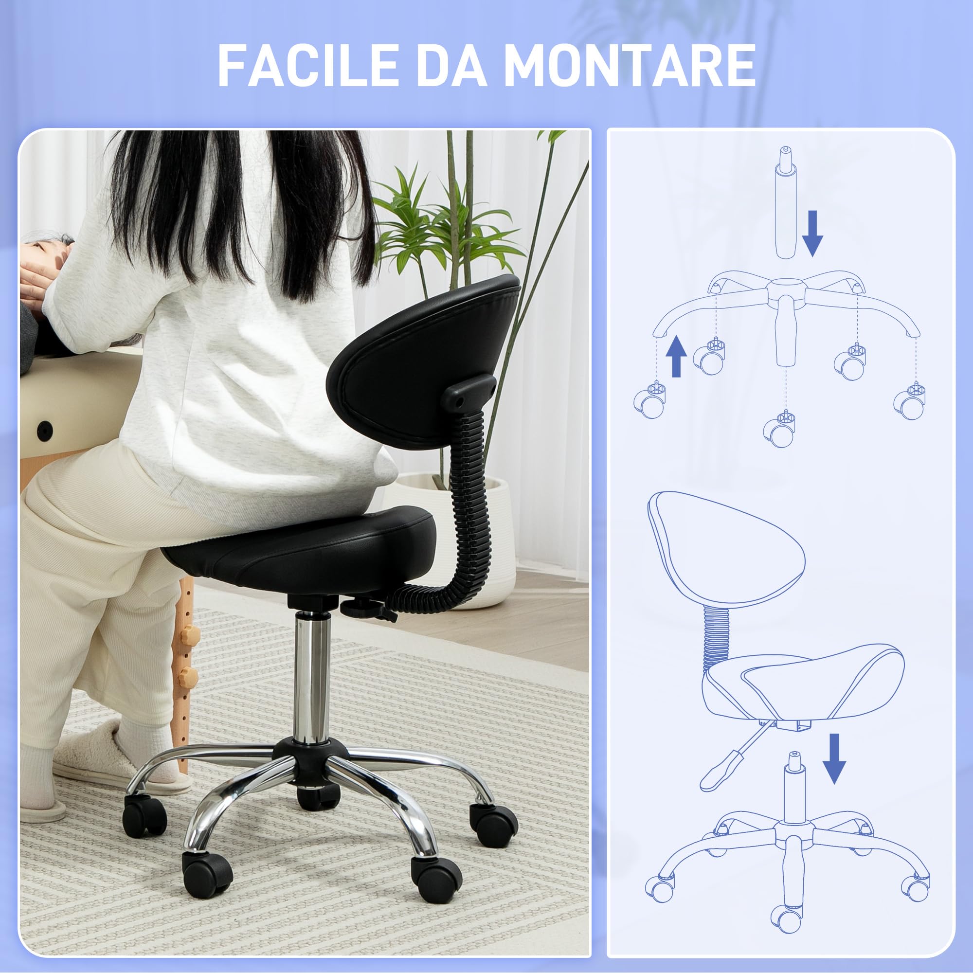 HOMCOM Taburete Giratorio con Ruedas y Respaldo Extraíble, Taburete de Trabajo con Altura Regulable 83-98 cm, Asiento Tapizado de Cuero Sintético, Negro