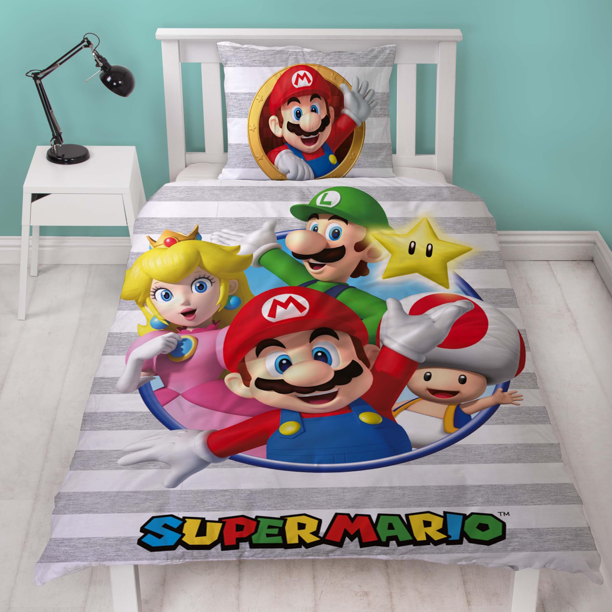 Set di biancheria da letto double-face per bambini, motivo Super Mario, 135 x 200 cm, 80 x 80 cm, 100% cotone, con chiusura lampo, in linone