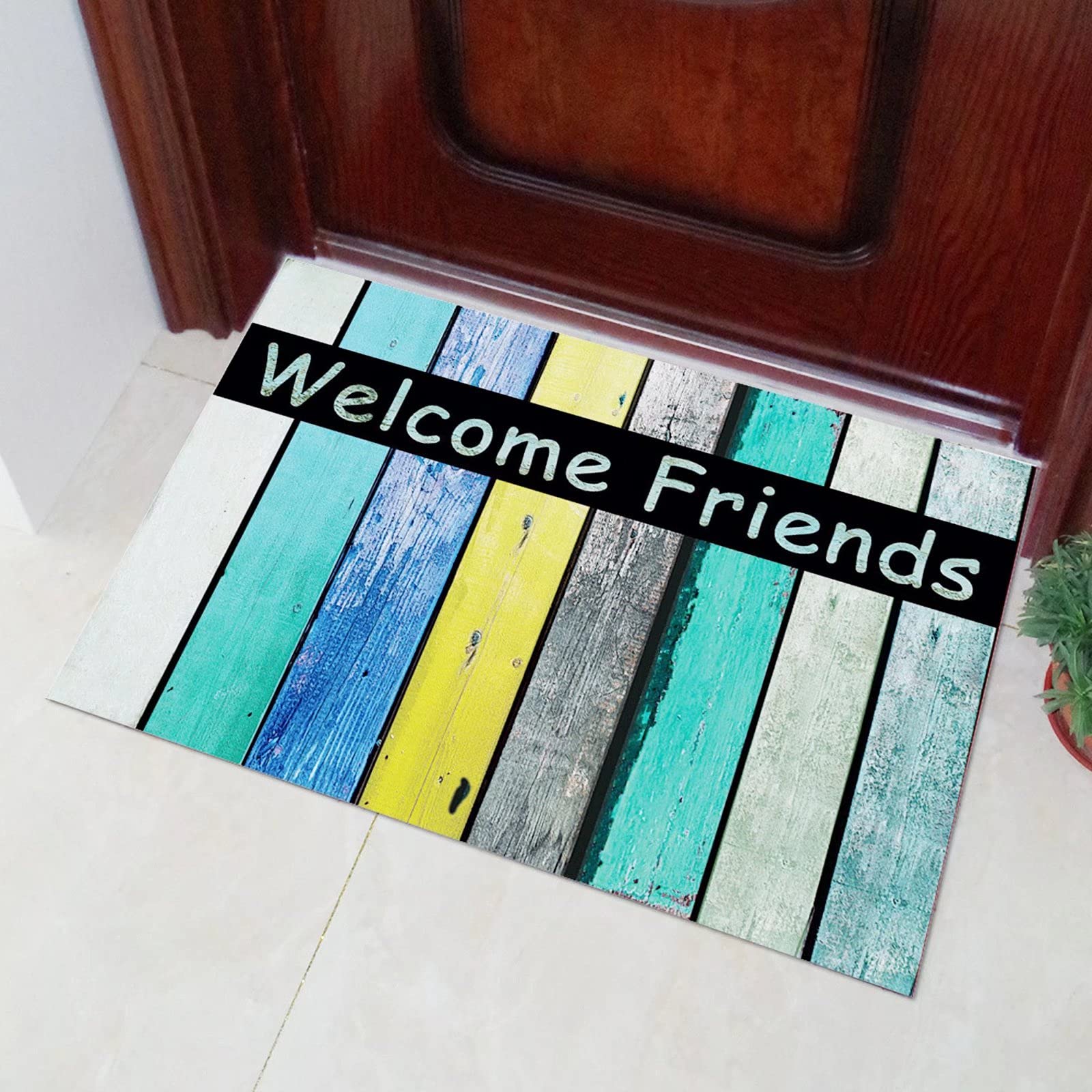 'Welcome Friends' mata podłogowa wejściowa, rustykalna stara stodoła drewniane dywaniki do wejścia, mata powitalna przed wejściem, drzwi na dziedziniec, wejście do garażu, 70 x 110 cm, zielono-żółta
