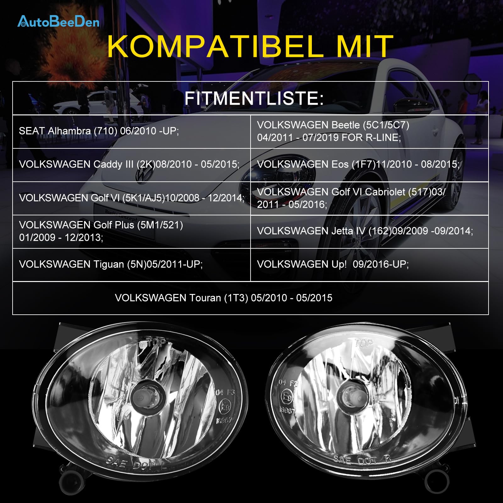 Fendinebbia per Volkswagen Tiguan Beetle Caddy 3 Eos Golf 6 / Cabriolet/Plus Jet 4 Toren Up, (VW 5N 5C1 5C7 2K 1F7 5K1 AJ5 517 5M1 521 162 1T3), SEAT Alhambra 710 (1 Paio Nero)