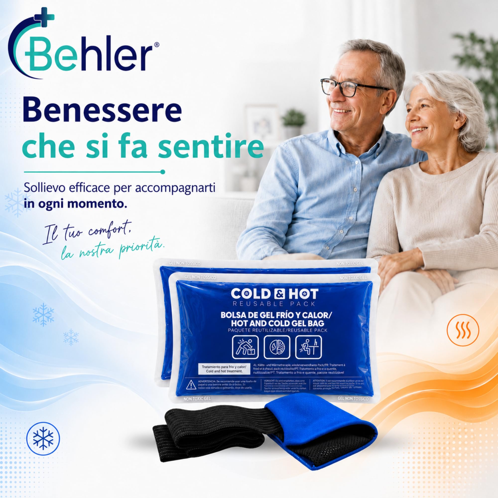2 Ghiaccio Gel Riutilizzabile (26 x 15 cm) - Compressa fredda calda, Include 1 Copertura Multiposizione in Tessuto con Fascia di Compressione- Terapie caldo/freddo - Adatto per Microonde