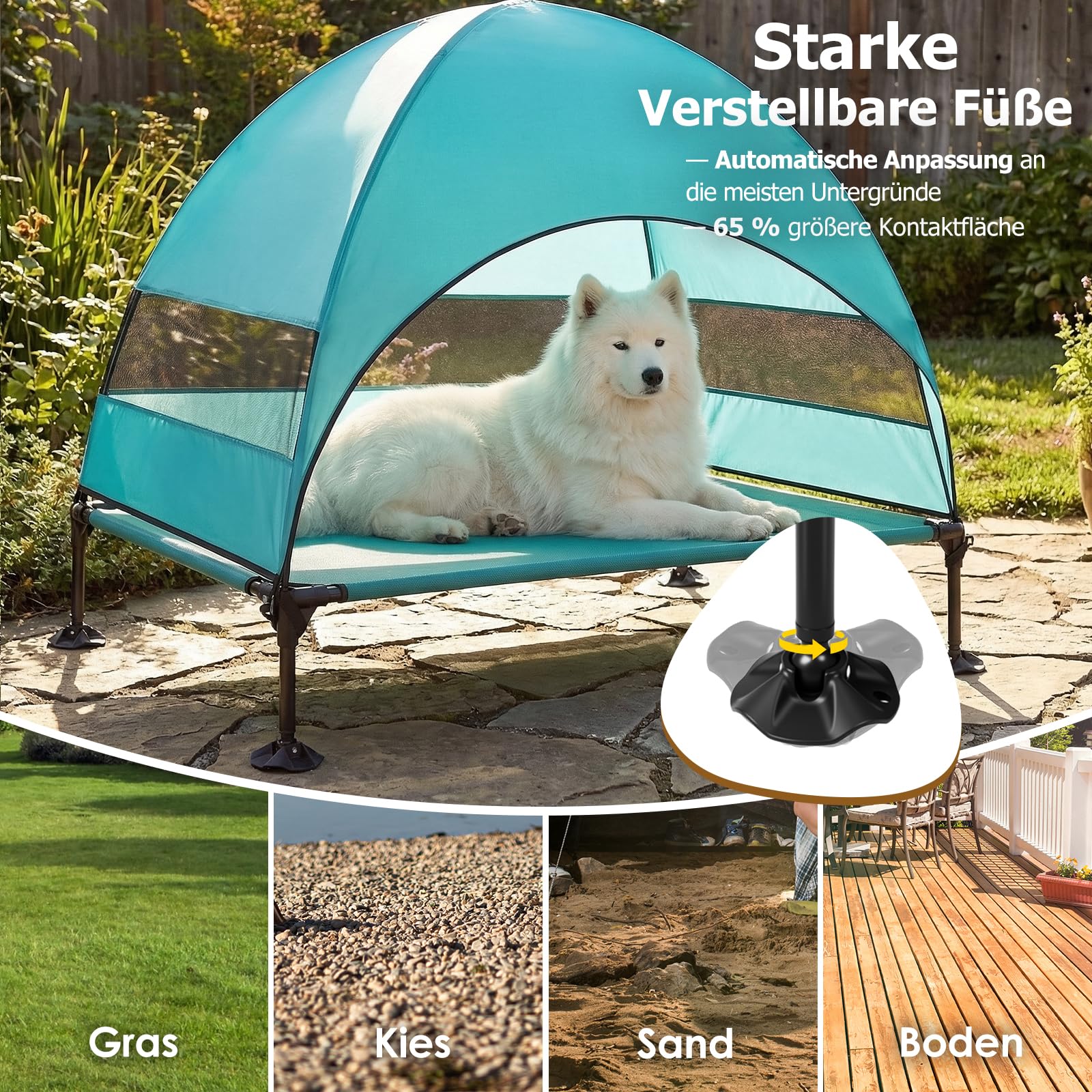 Cuccia rialzata per cani per esterni, con tetto resistente ai raggi UV, pieghevole con piedini antiscivolo, tenda per cani con grande ombra, letto rinfrescante per cani, per campeggio, giardino (acqua