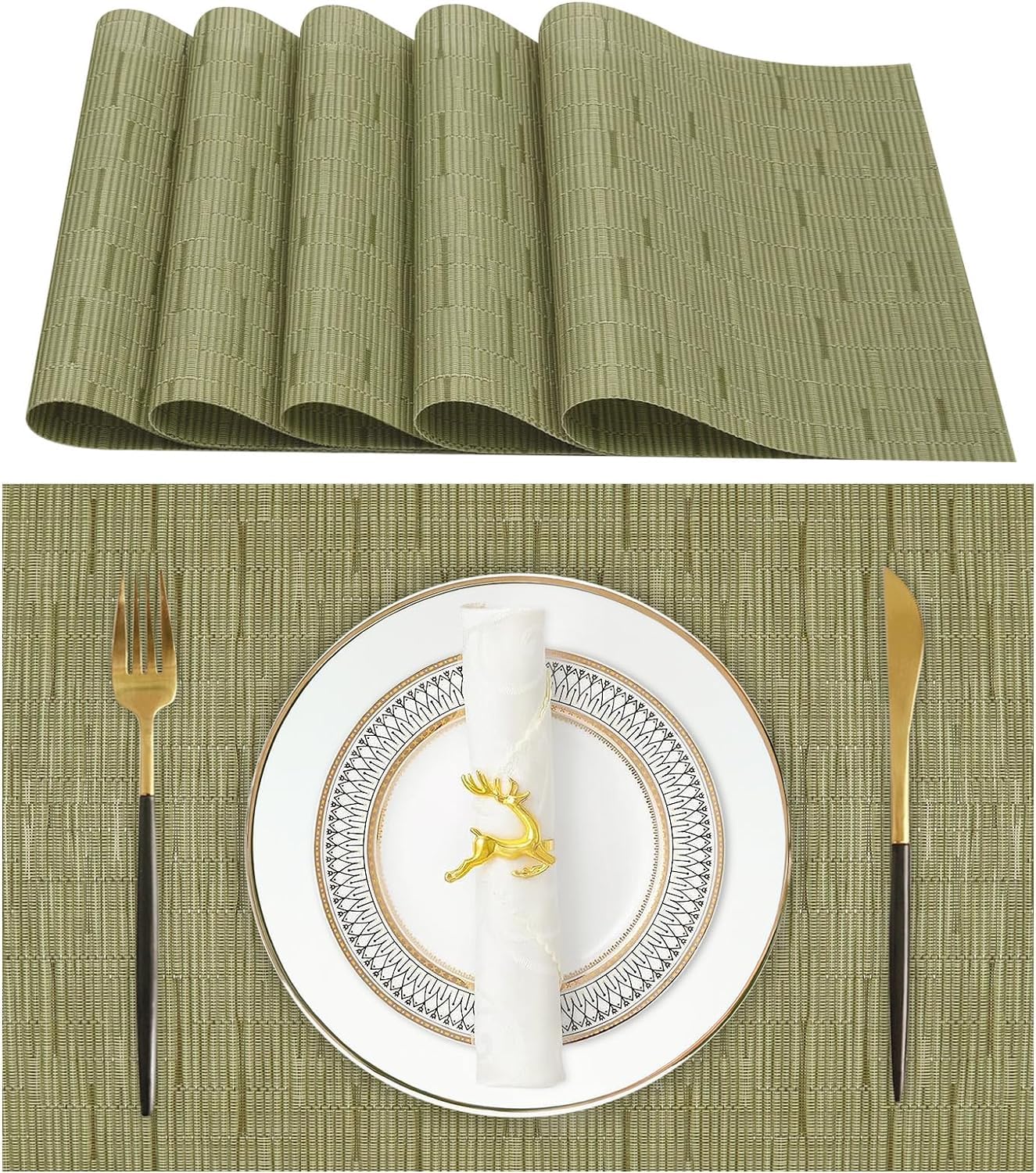 KKTECH Placemats Set of 6, Washable Non-slip Heat Insulation Woven Vinyl Place Mats for Table, Elegant Table Mats for Kitchen and Dining Room, Perfect for Home Decor (18"x12") (Green)