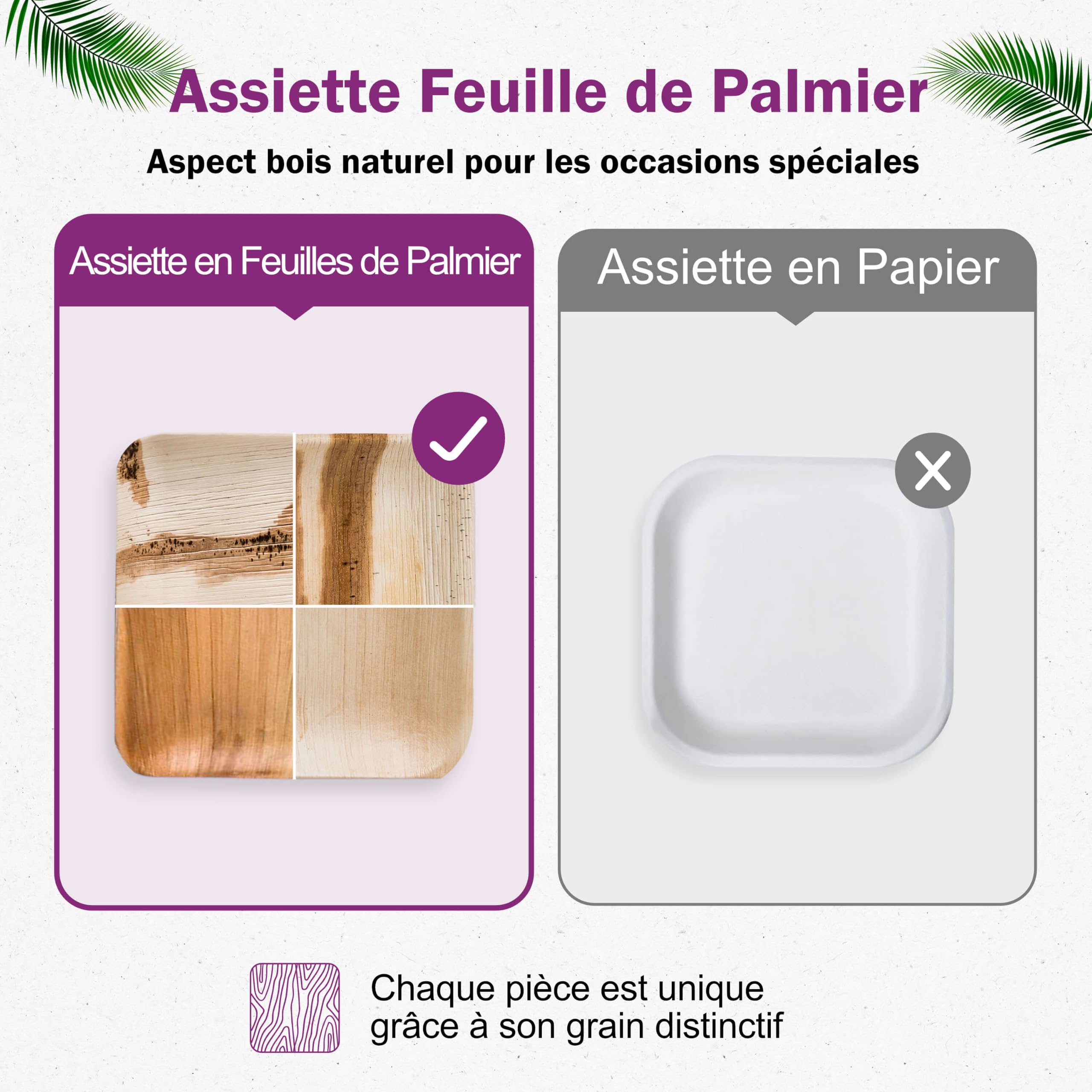 Set d'Assiettes Jetables en Feuille de Palmier - 50 pcs. Carrées 20x20 cm et 50 pcs. 25x25 cm